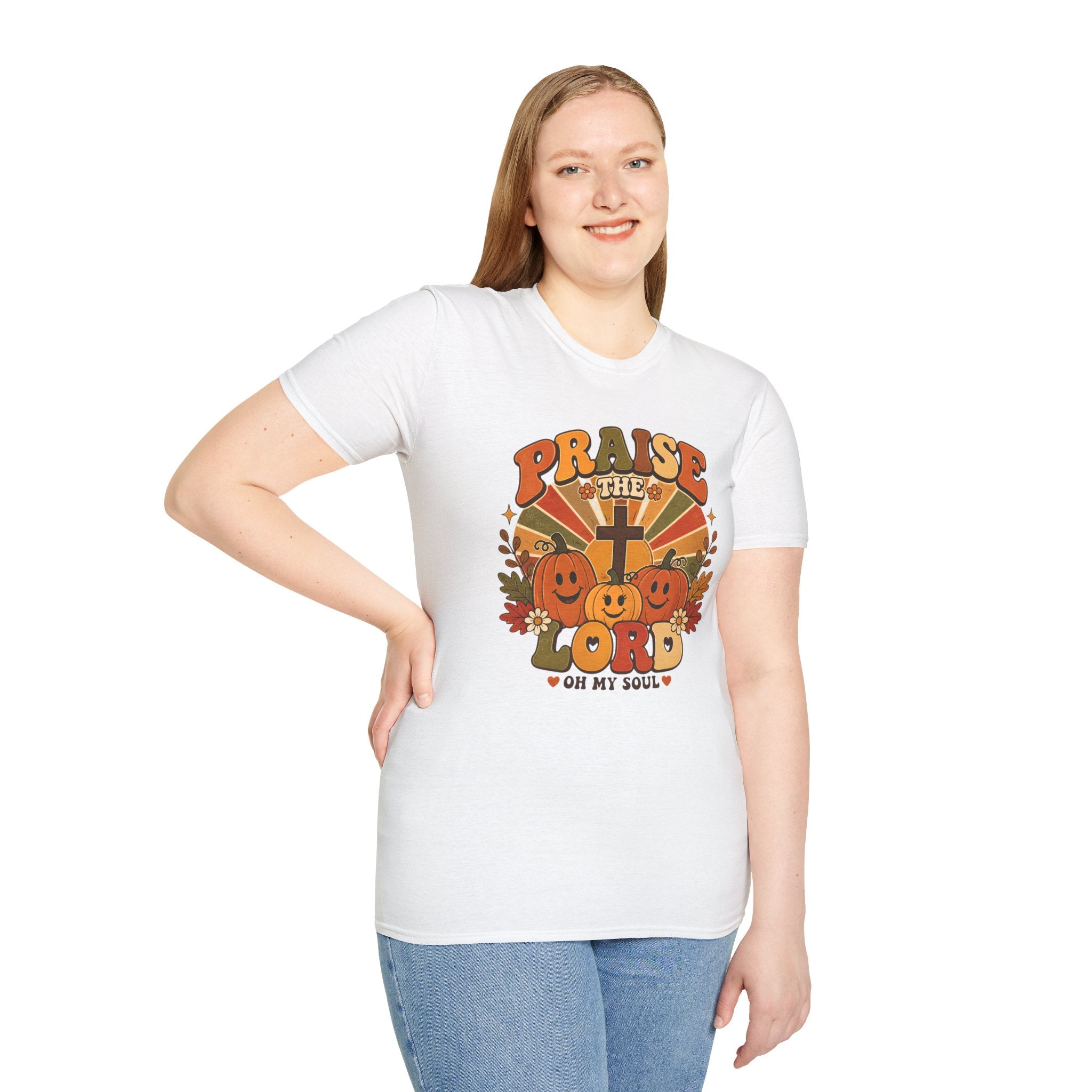 Praise the Lord Fall T-Shirt — Retro Pumpkin & Cross Christian Tee
