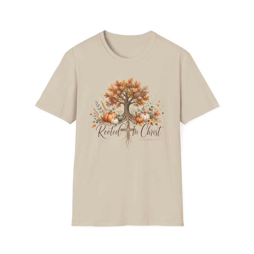 Fall Tree & Pumpkins T-Shirt — "Rooted in Christ" Autumn Faith Tee