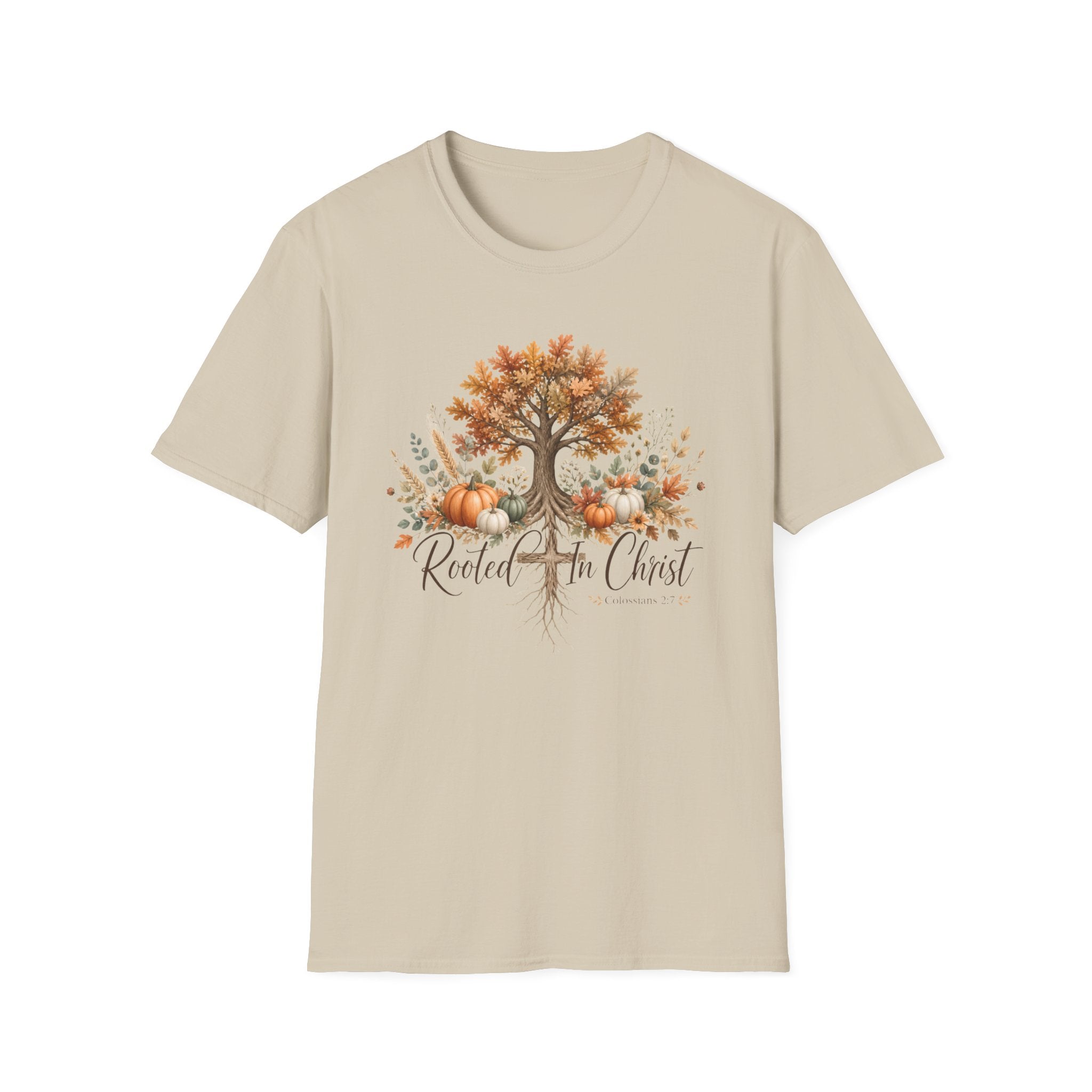 Fall Tree & Pumpkins T-Shirt — "Rooted in Christ" Autumn Faith Tee