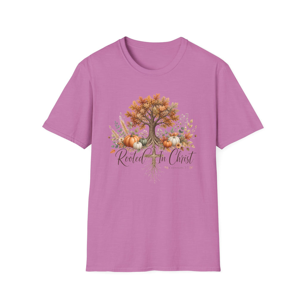 Fall Tree & Pumpkins T-Shirt — "Rooted in Christ" Autumn Faith Tee