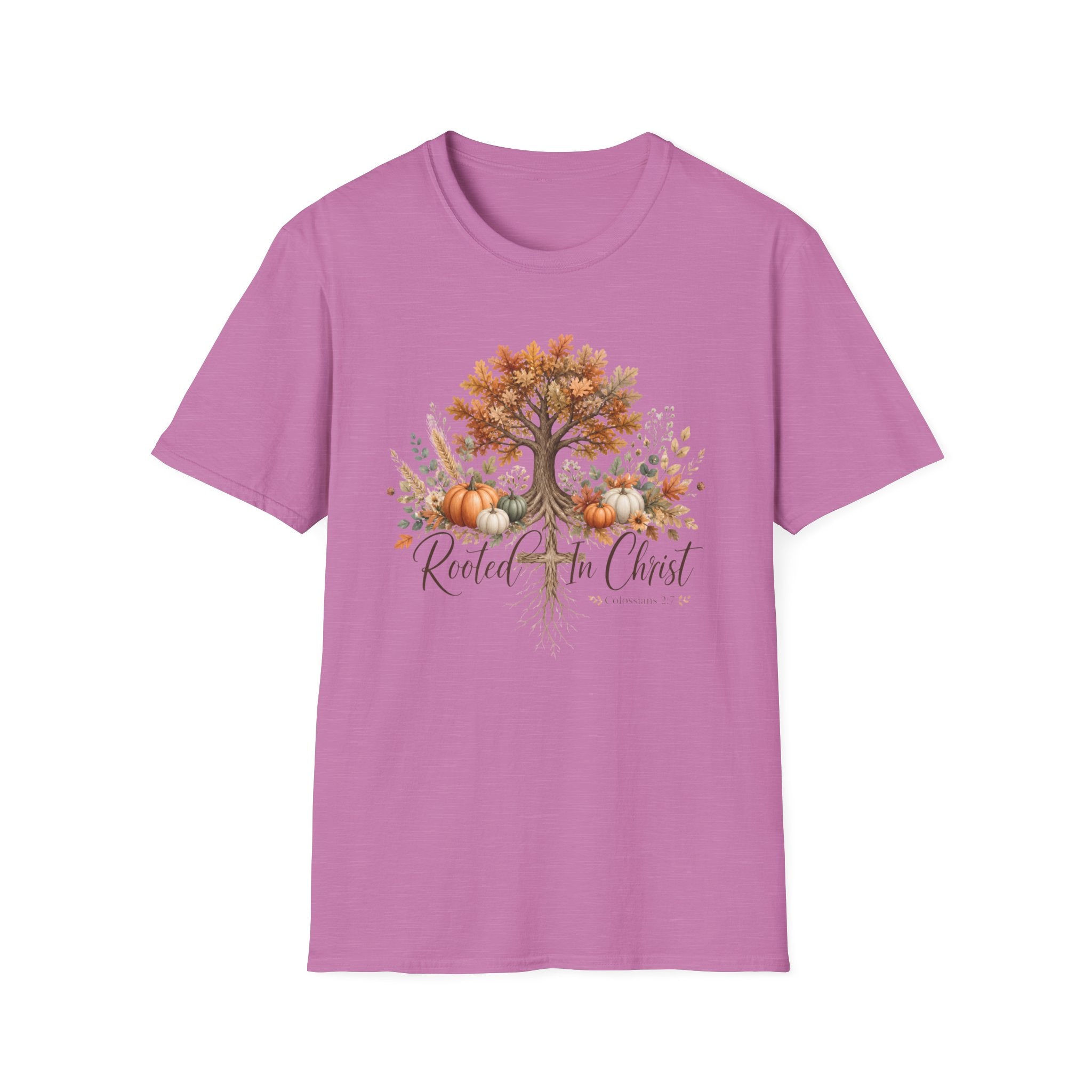 Fall Tree & Pumpkins T-Shirt — "Rooted in Christ" Autumn Faith Tee