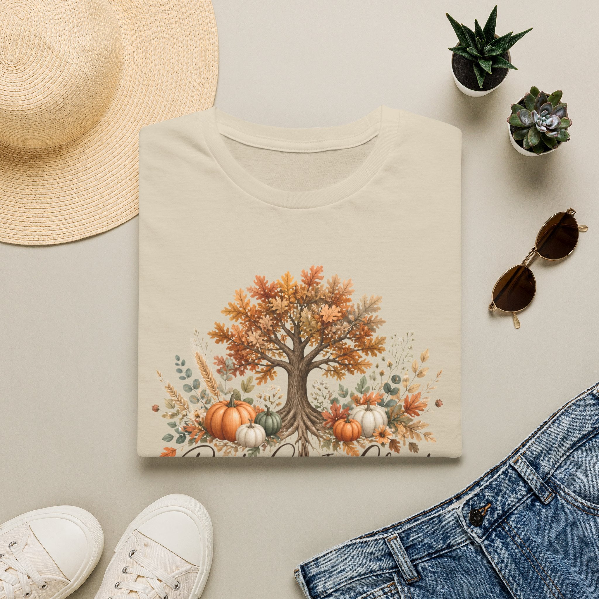 Fall Tree & Pumpkins T-Shirt — "Rooted in Christ" Autumn Faith Tee