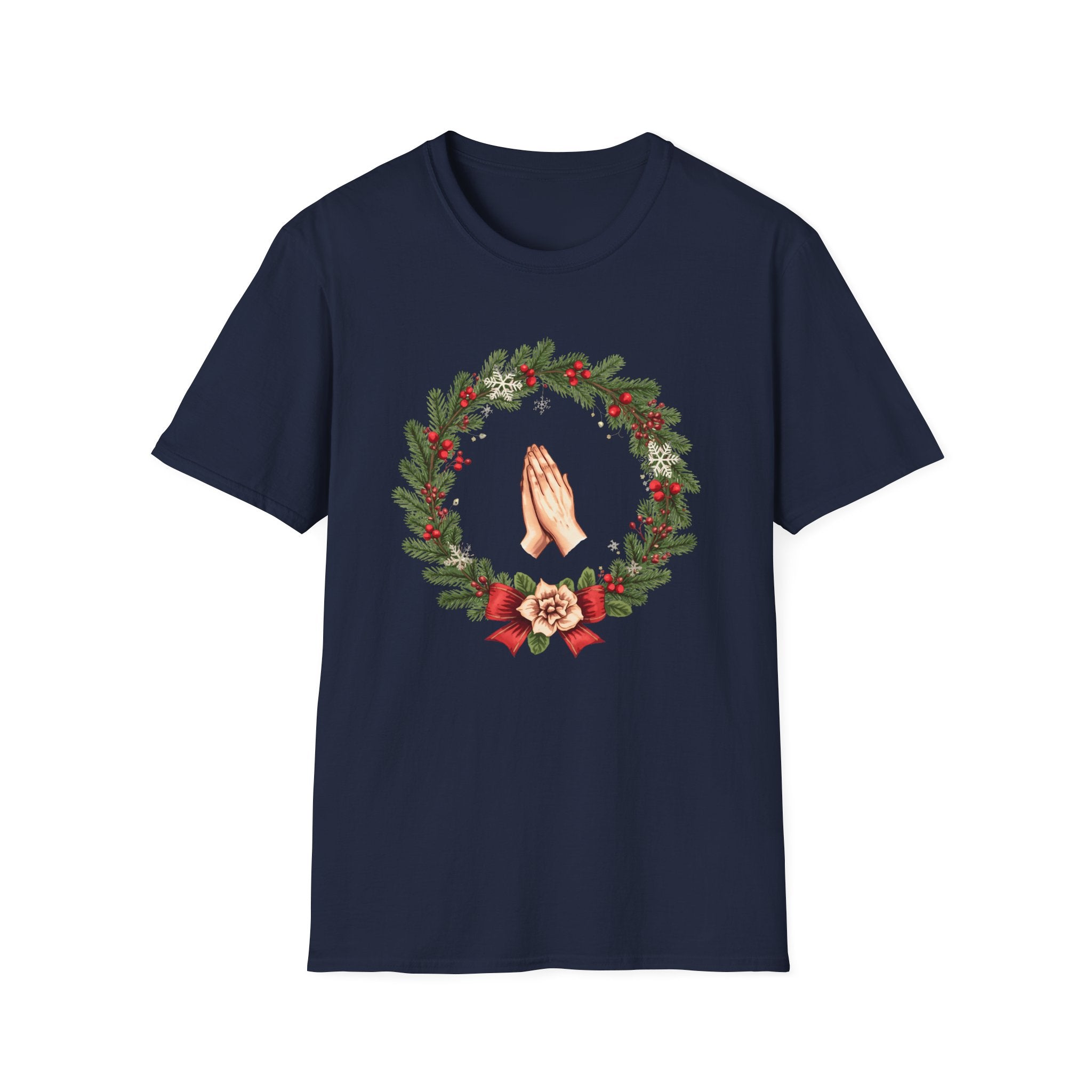 Christmas Prayer Hands T-Shirt — Holiday Wreath Faith Tee