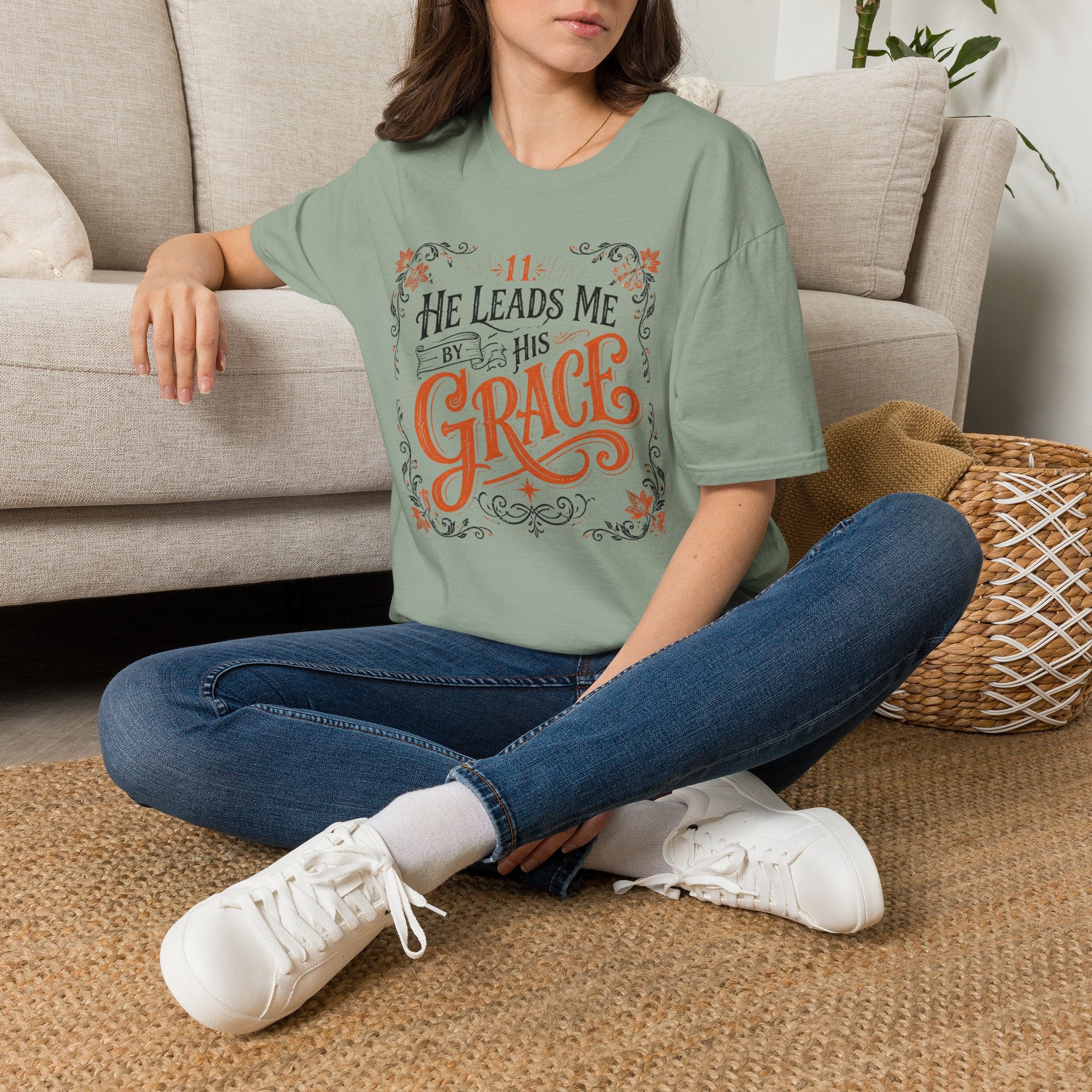 T-Shirt — “He Leads Me By His Grace” Christian Inspirational Tee