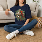 Cardinal on Cross Christmas T-Shirt — Winter Nativity Holiday Tee