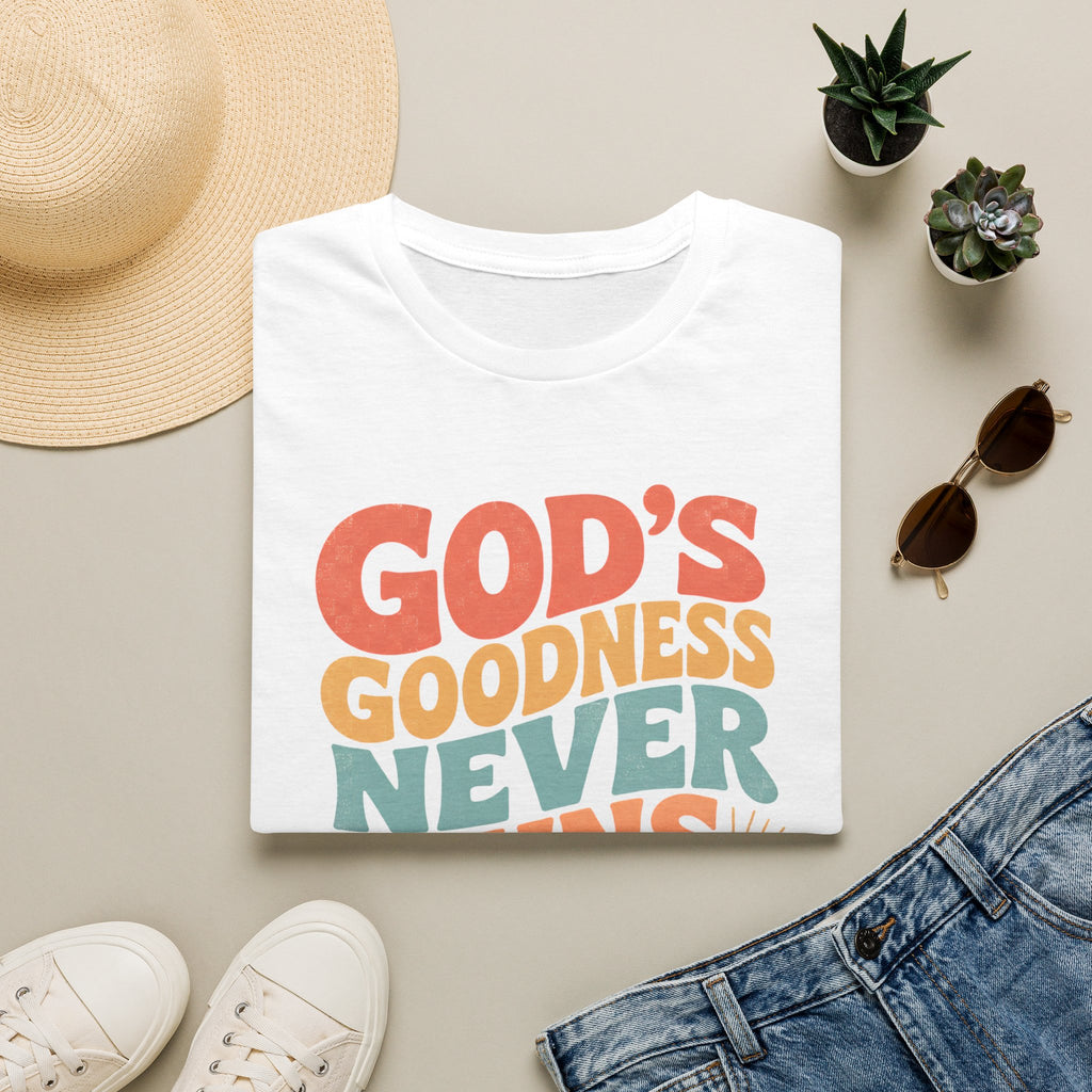 Christian T-Shirt — "God's Goodness Never Runs Out" Retro Faith Tee