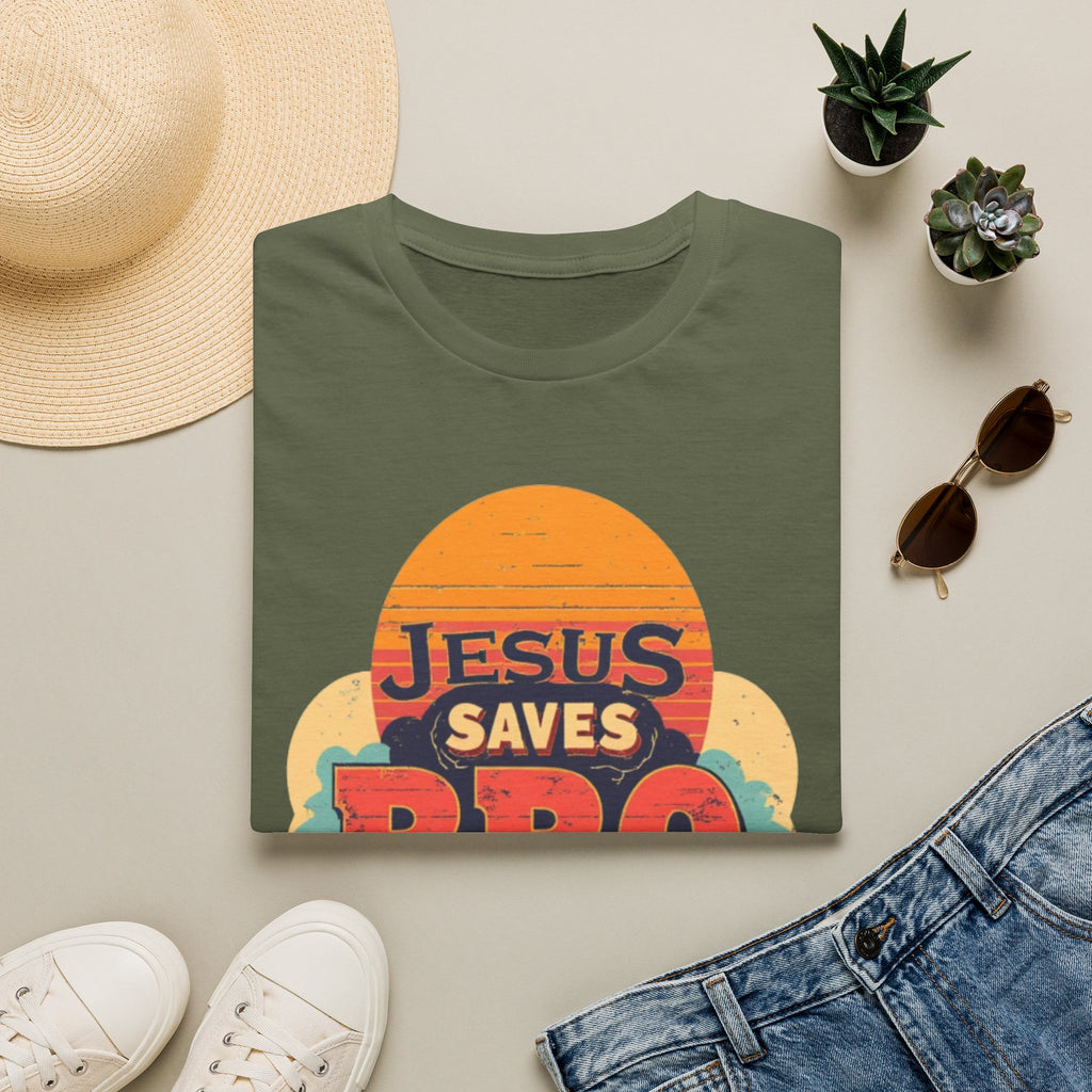 Christian T-Shirt — "Jesus Saves Bro" Retro Sunset Tee
