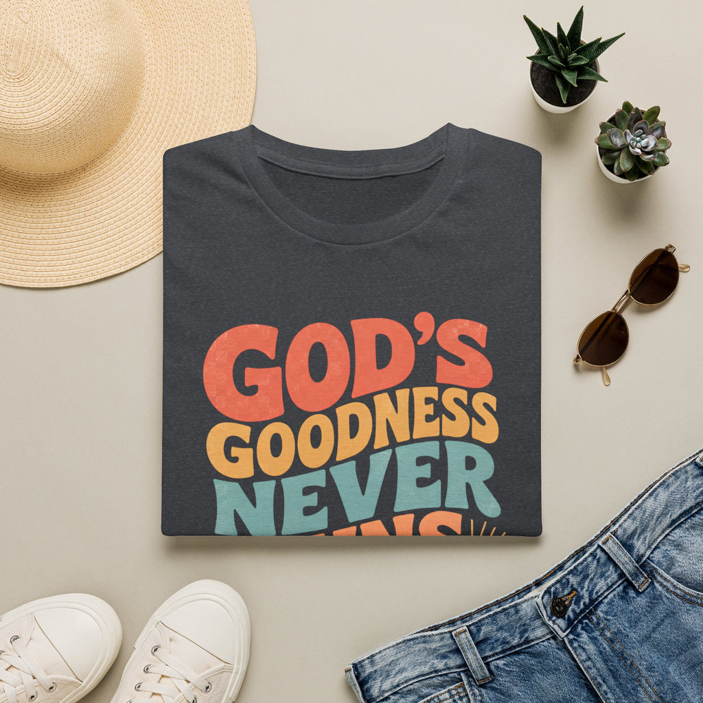 Christian T-Shirt — "God's Goodness Never Runs Out" Retro Faith Tee