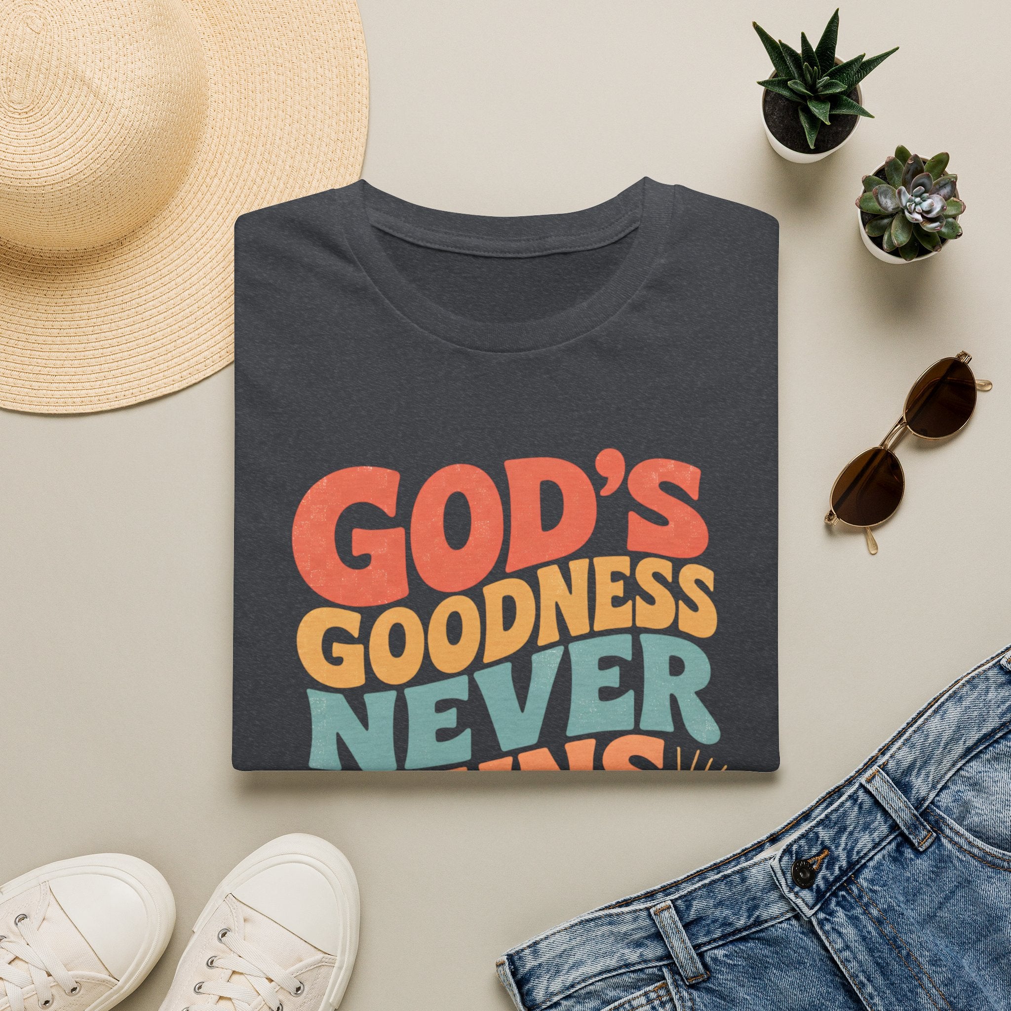 Christian T-Shirt — "God's Goodness Never Runs Out" Retro Faith Tee