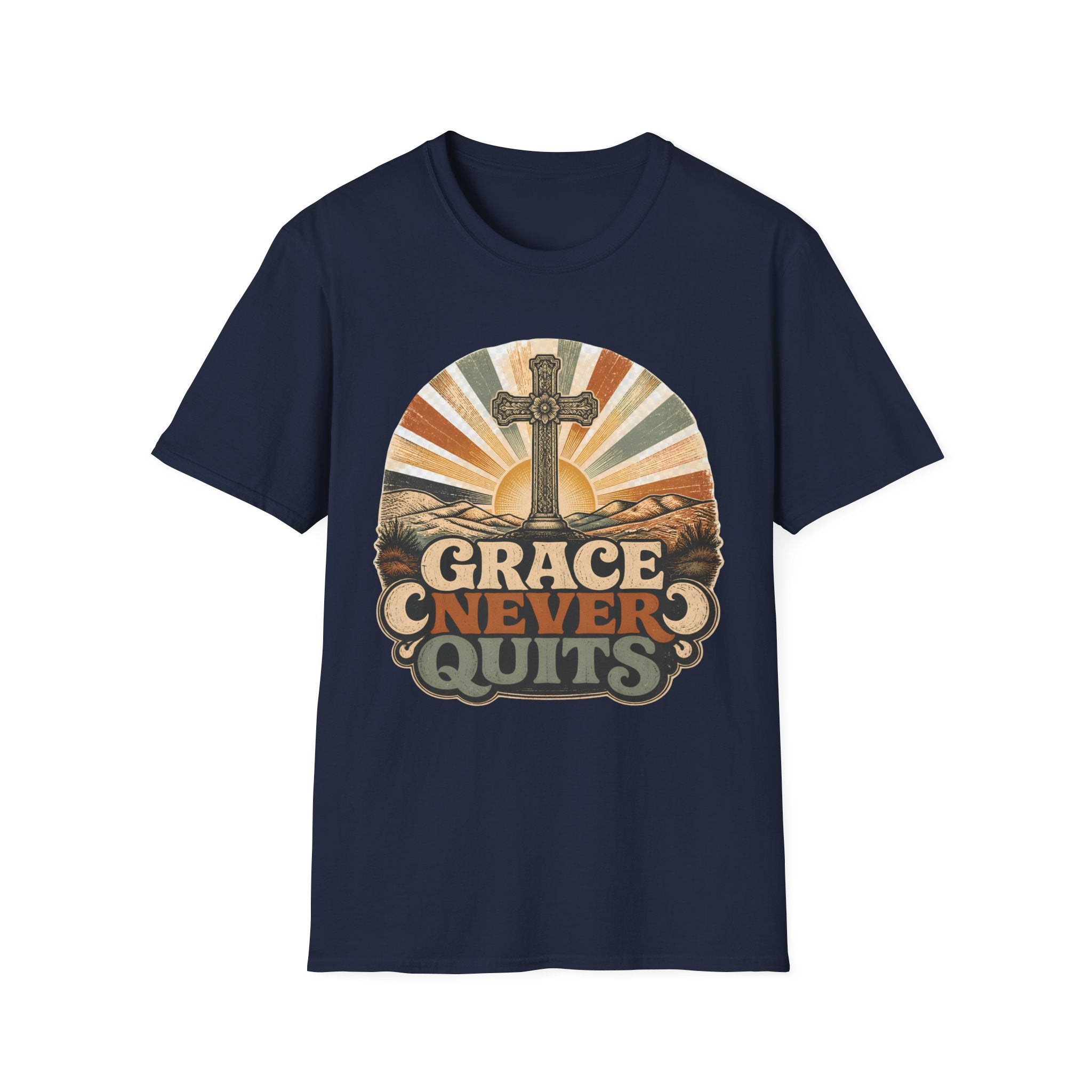 Christian T-Shirt — "Grace Never Quits" Retro Cross Sunrise Tee