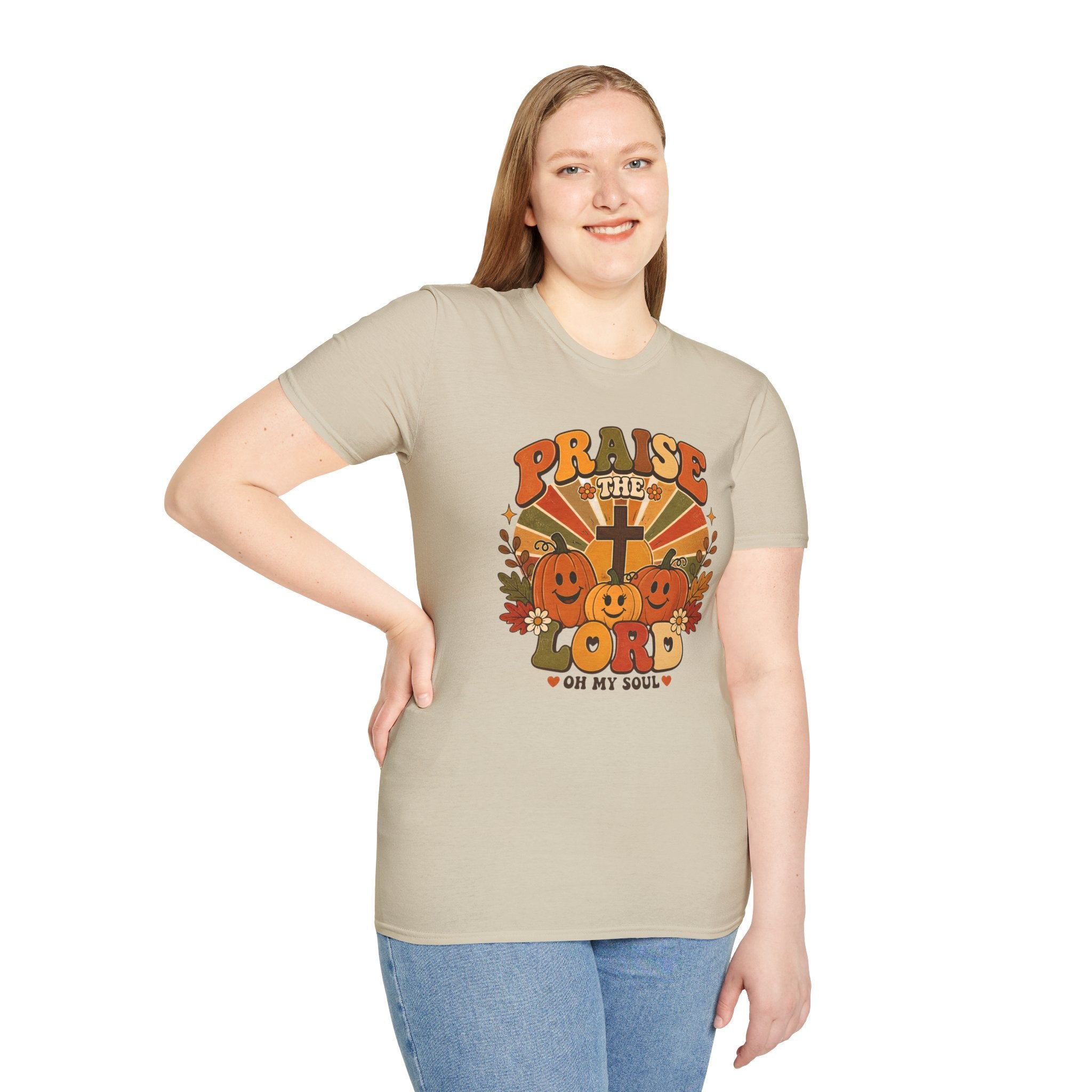 Praise the Lord Fall T-Shirt — Retro Pumpkin & Cross Christian Tee