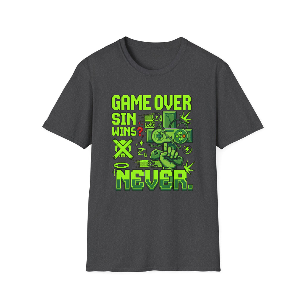 Video Game Christian T-Shirt — "Game Over? Sin Wins? Never." Neon Green Gamer Tee