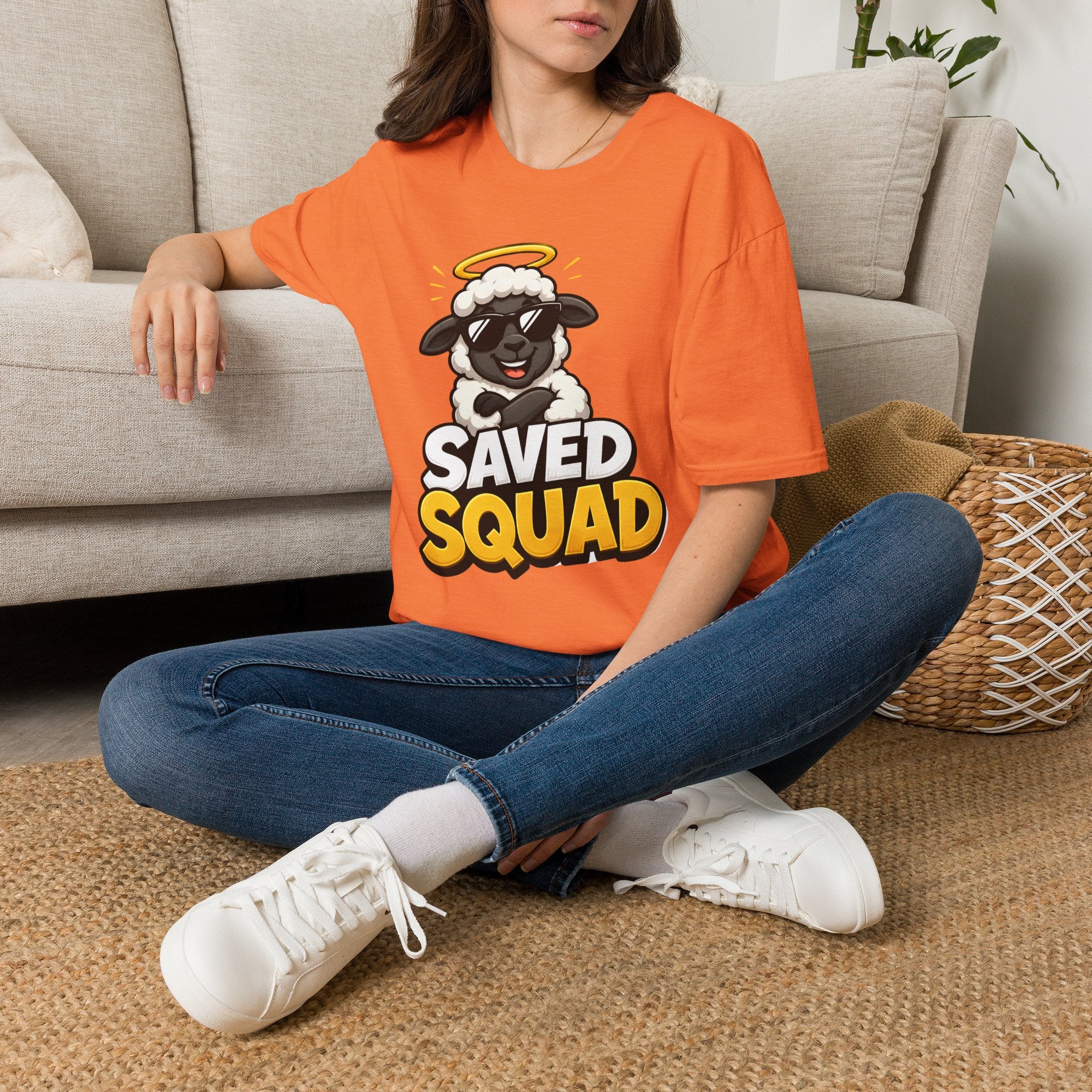 Saved Squad T‑Shirt — Cute Angel Sheep Graphic Tee for Christian Youth & Church Groups