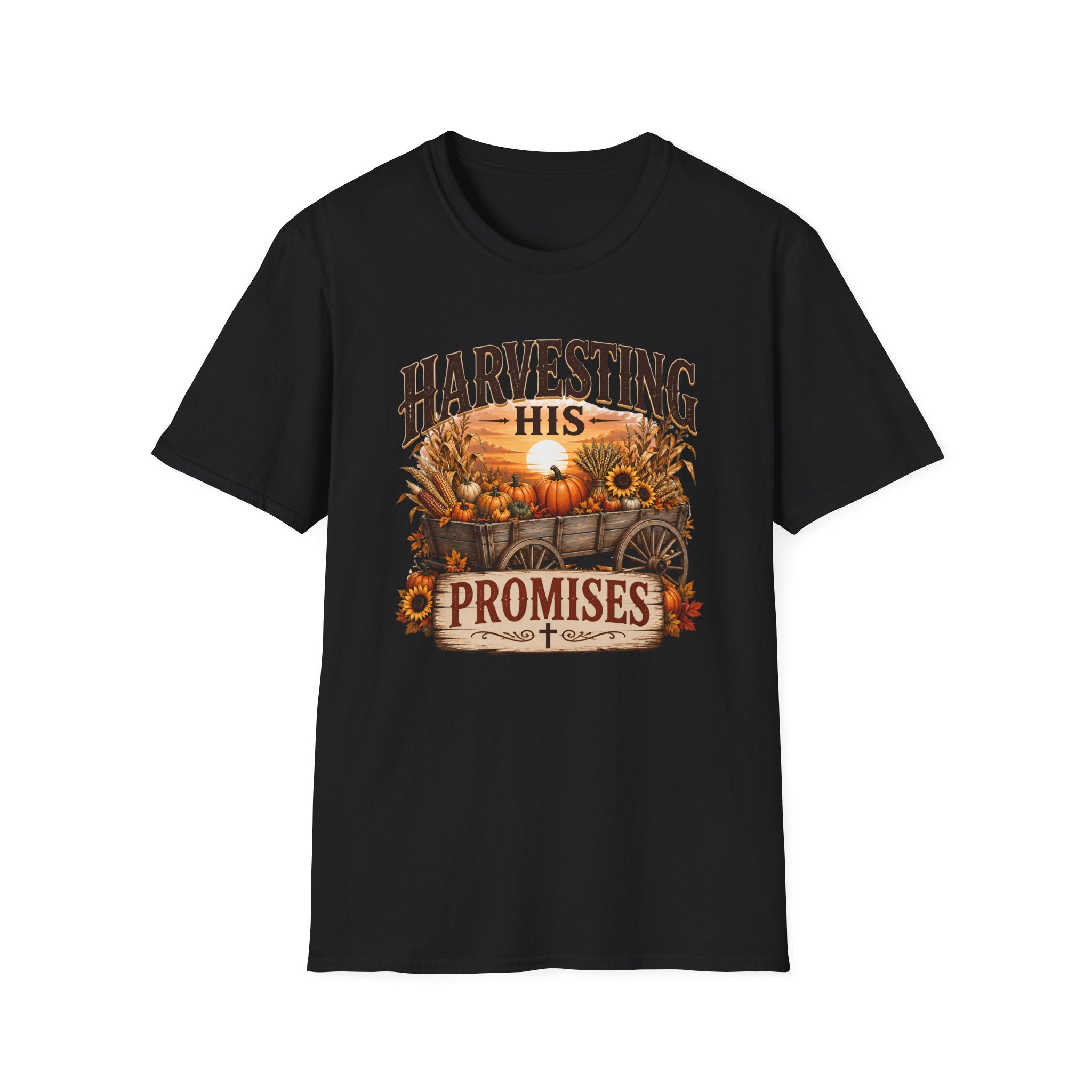 Harvesting His Promises T-Shirt — Fall Pumpkin & Sunflower Faith Tee