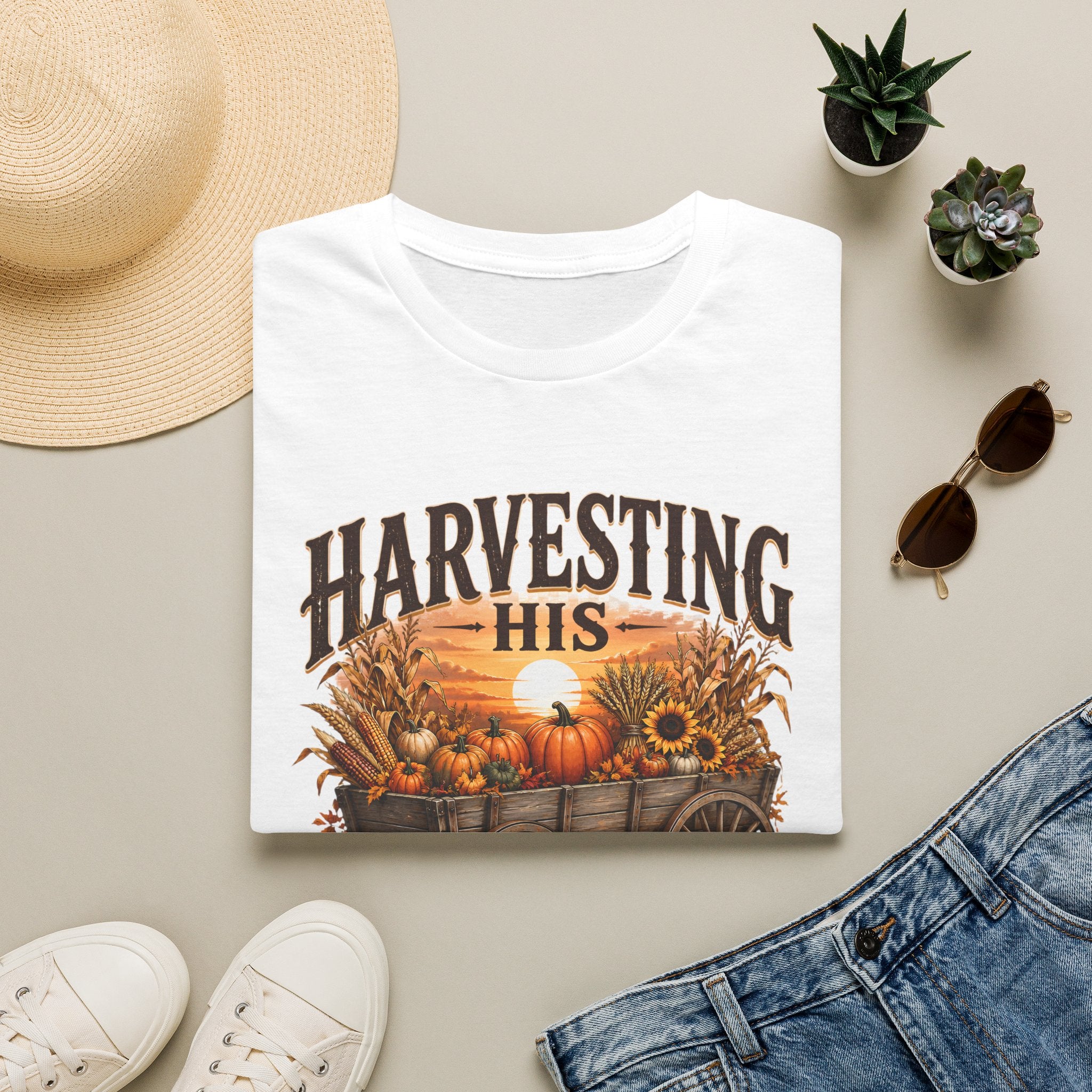 Harvesting His Promises T-Shirt — Fall Pumpkin & Sunflower Faith Tee
