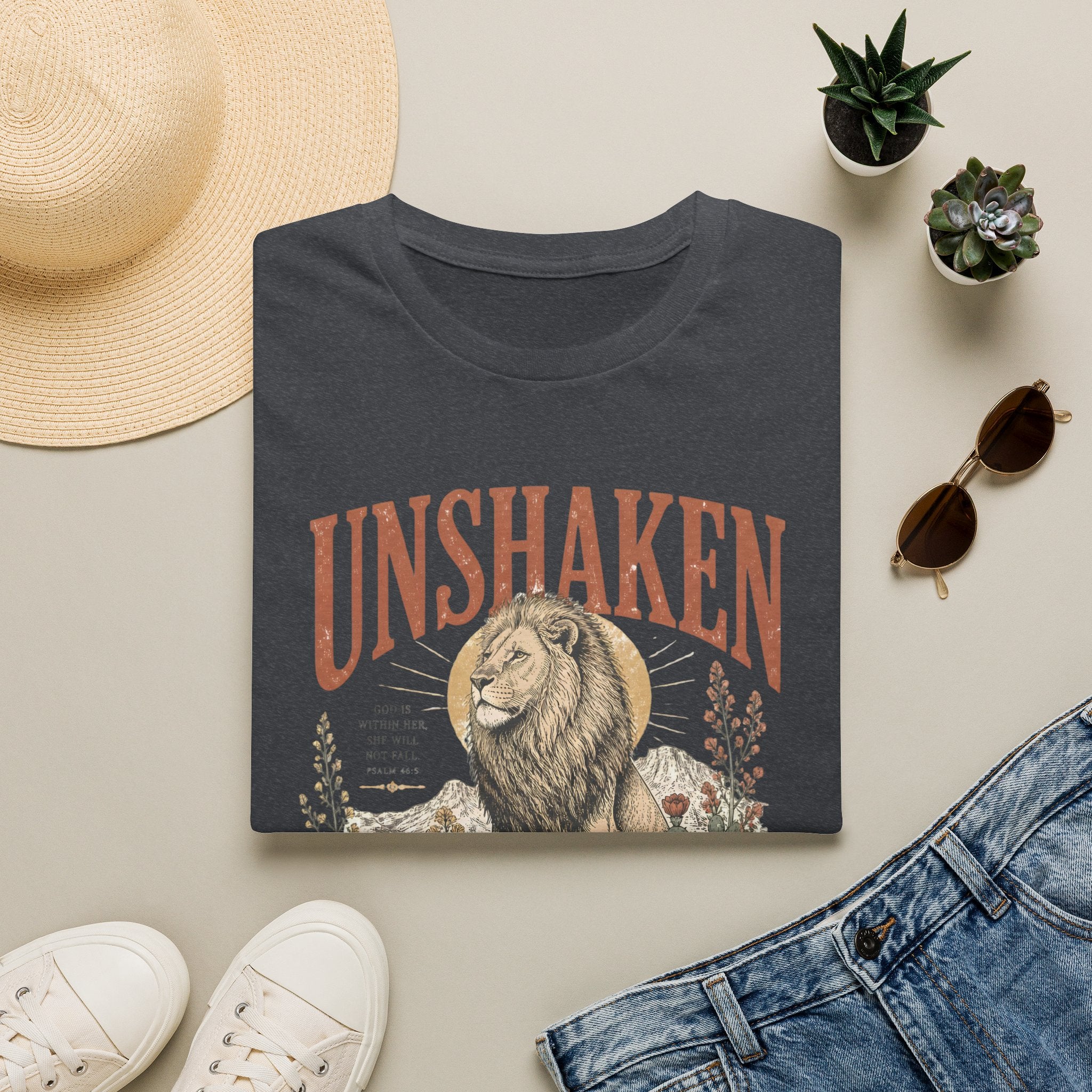 Unshaken Lion T‑Shirt — Vintage Floral Courage Tee