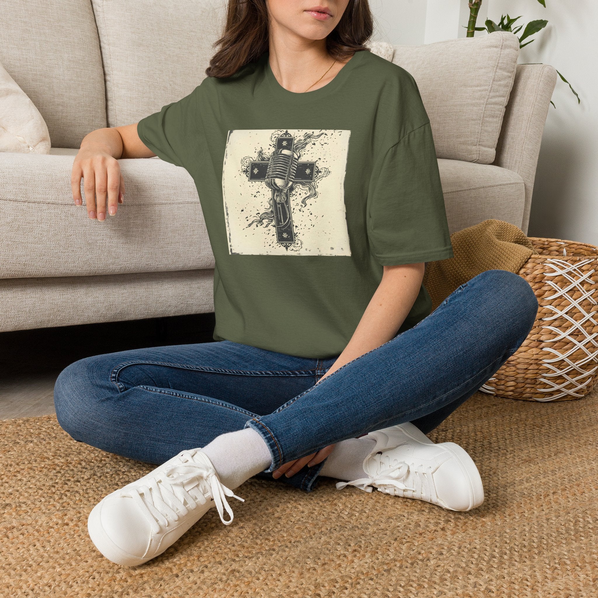 Vintage Microphone Cross T-Shirt — Retro Gospel Music Tee