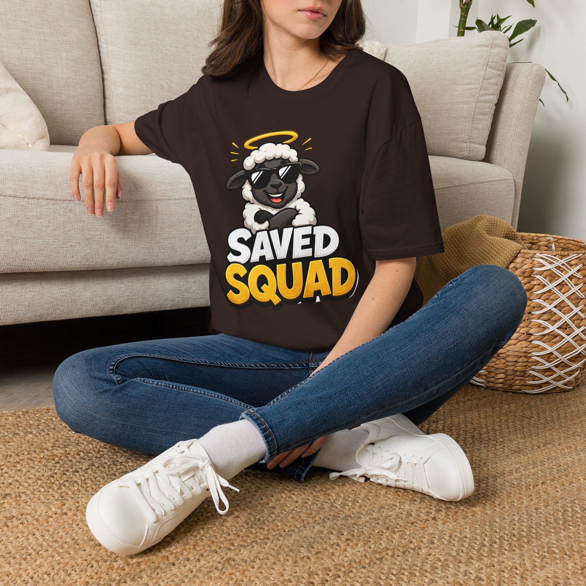 Saved Squad T‑Shirt — Cute Angel Sheep Graphic Tee for Christian Youth & Church Groups