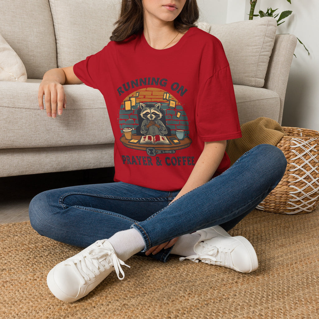 T‑Shirt — Running On Prayer & Coffee Raccoon Graphic Tee