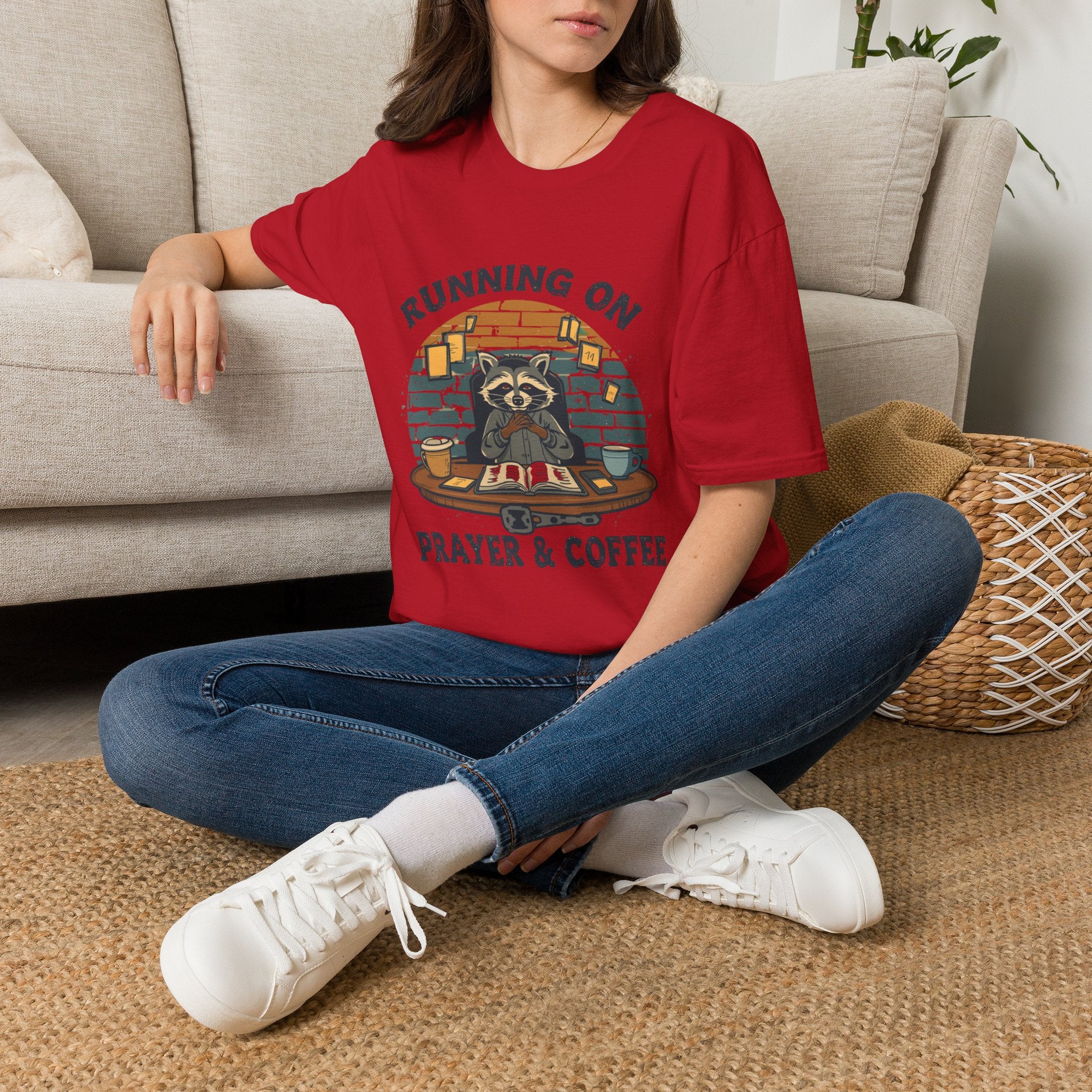 T‑Shirt — Running On Prayer & Coffee Raccoon Graphic Tee