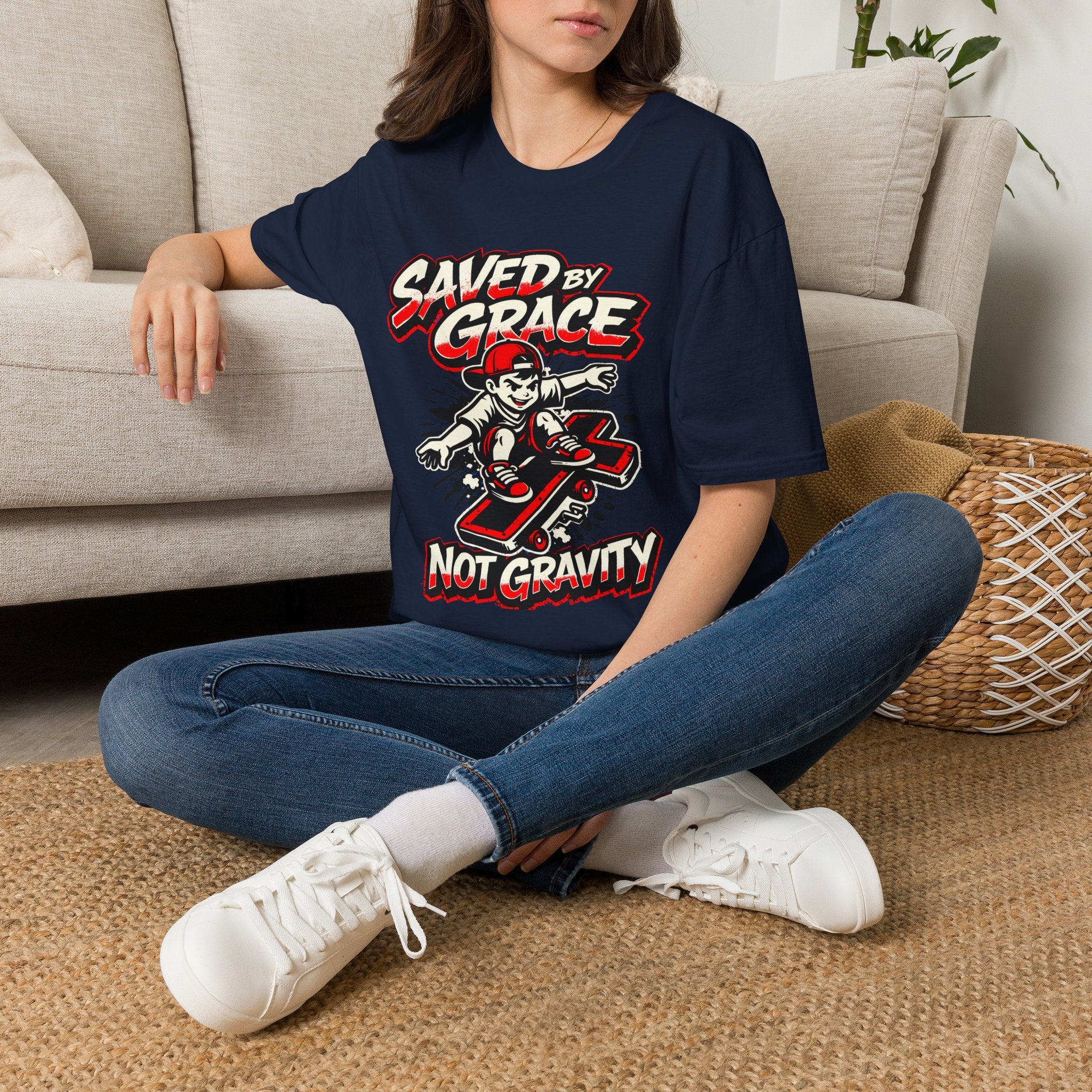 Saved by Grace T‑Shirt — Skateboard Faith Graphic
