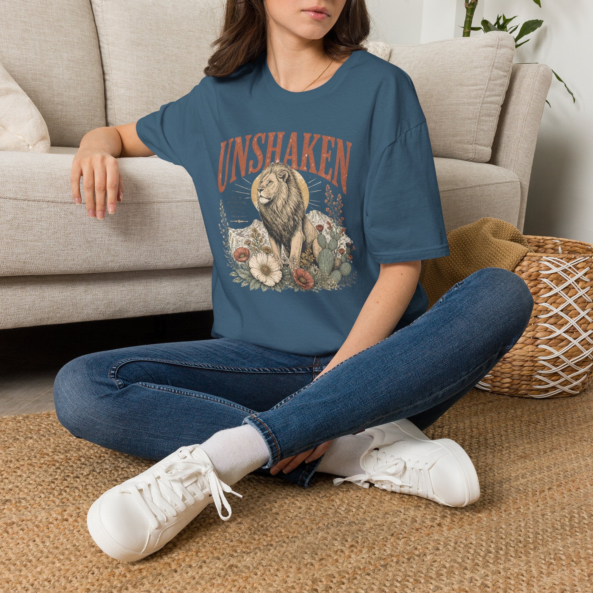 Unshaken Lion T‑Shirt — Vintage Floral Courage Tee