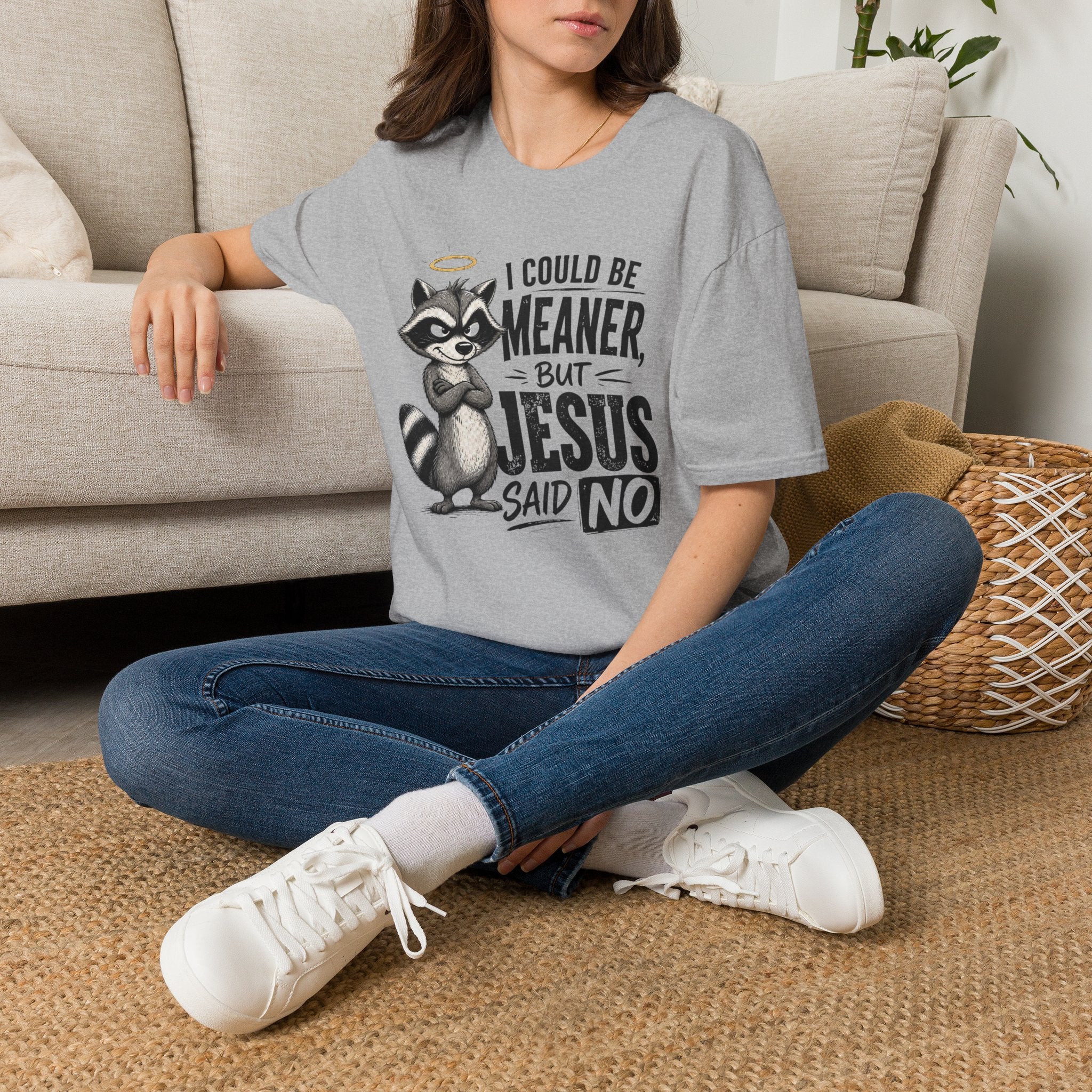 T‑Shirt — "I Could Be Meaner But Jesus Said No" Cute Raccoon Christian Tee