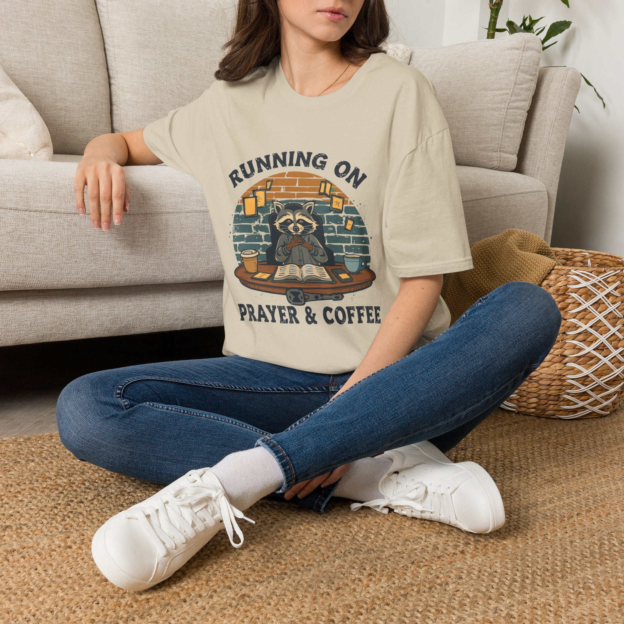 T‑Shirt — Running On Prayer & Coffee Raccoon Graphic Tee