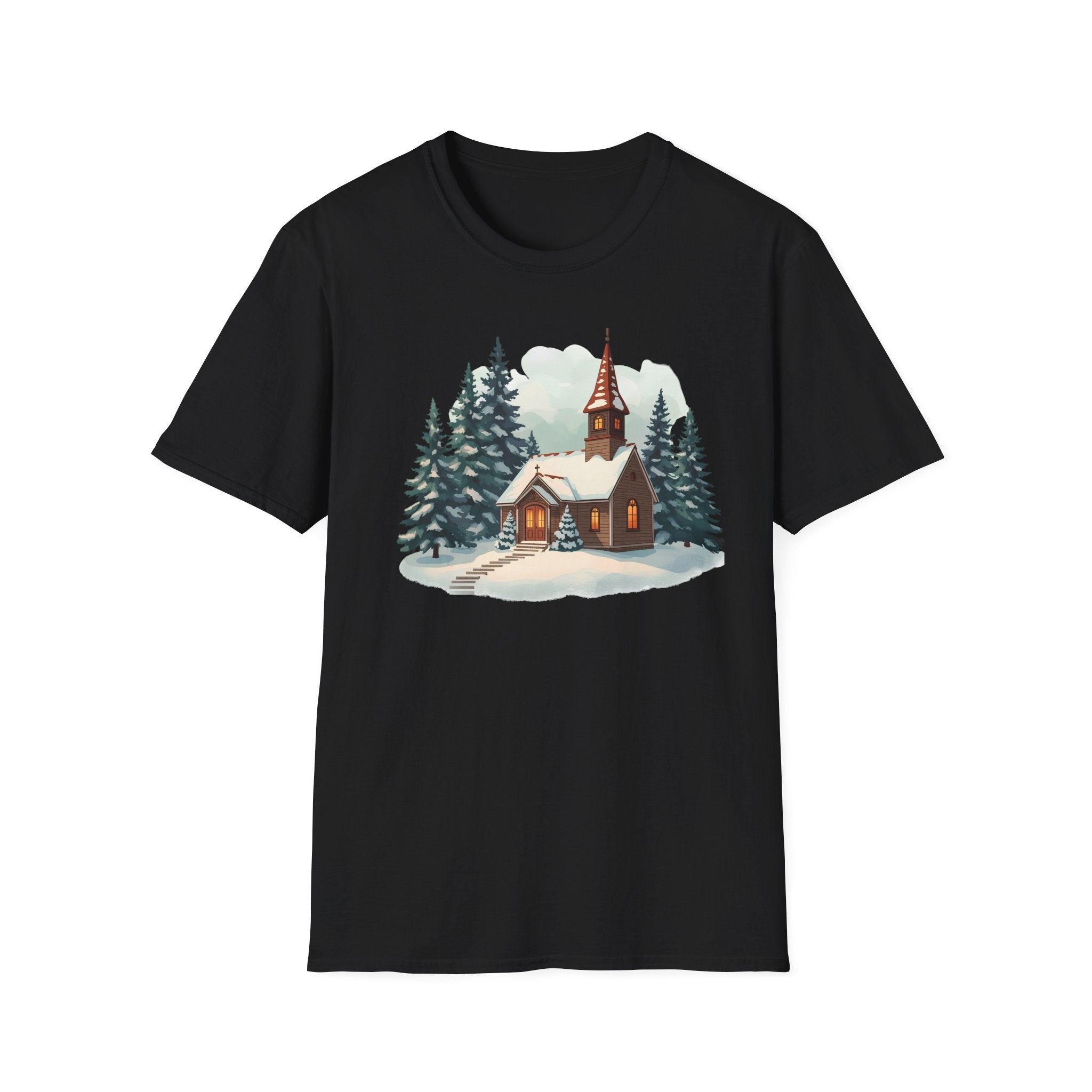 T-Shirt — Cozy Winter Chapel Graphic Tee (Snowy Pine Church)