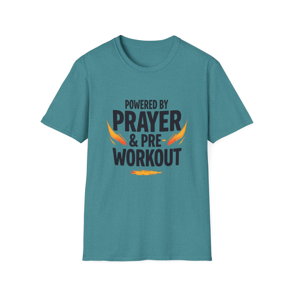 Prayer & Pre-Workout T-Shirt — "Powered by Prayer & Pre-Workout" Christian Fitness Tee