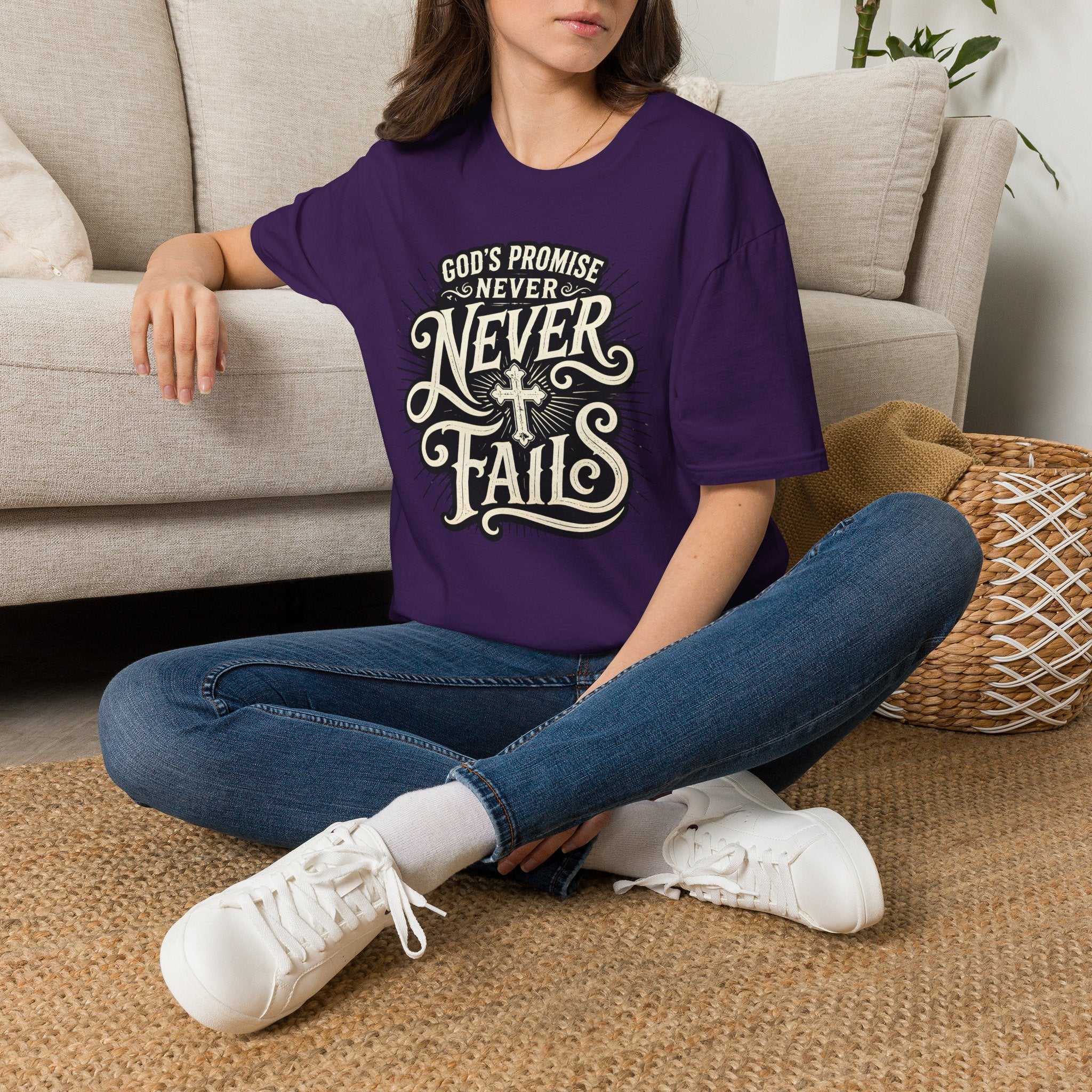 T-Shirt — “God’s Promise Never Never” Christian Faith Graphic