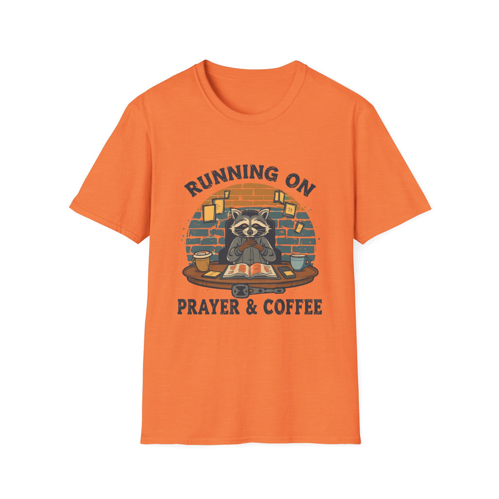 T‑Shirt — Running On Prayer & Coffee Raccoon Graphic Tee