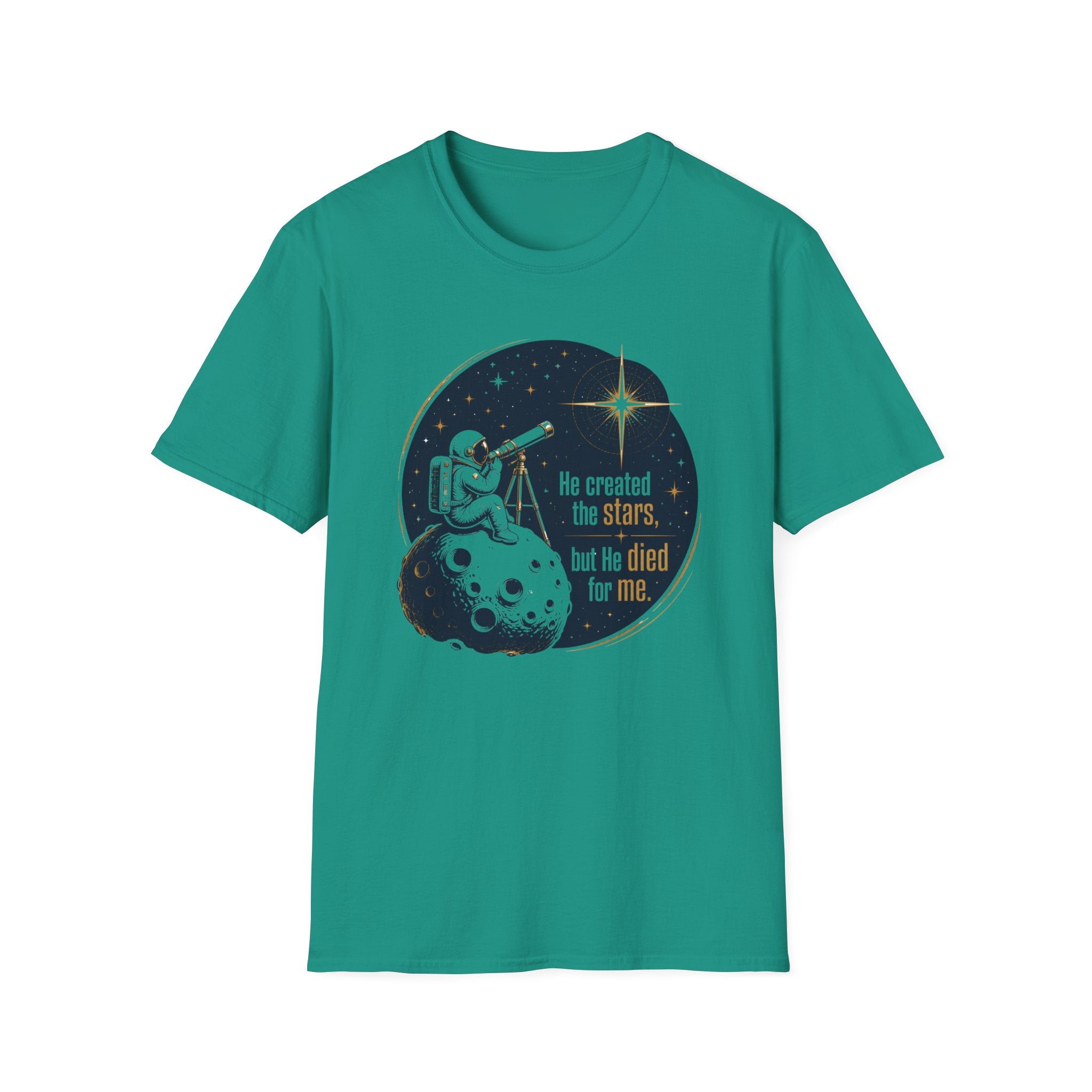 Astronaut Telescope T-Shirt — "He created the stars, but He died for me" Christian Faith Tee