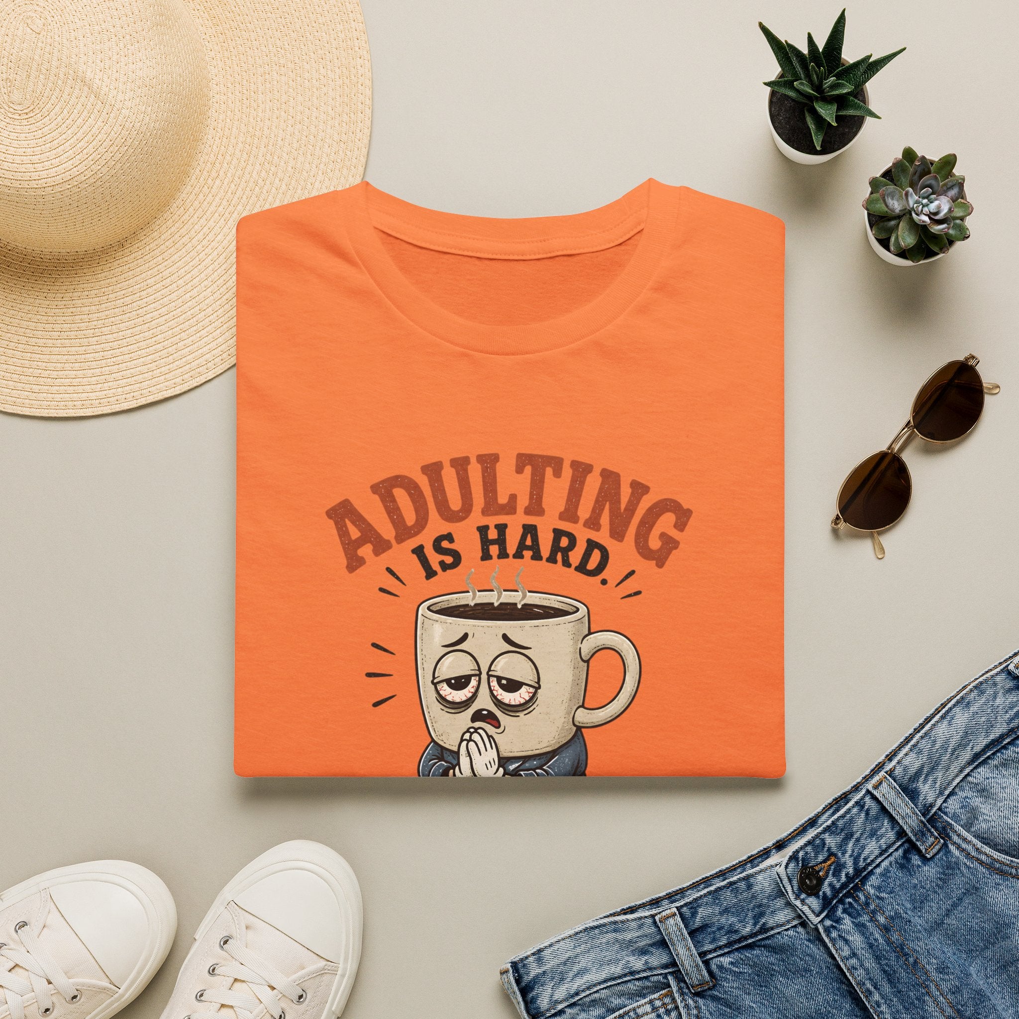Adulting Is Hard Coffee T-Shirt — ‘Praying About It’ Funny Graphic Tee