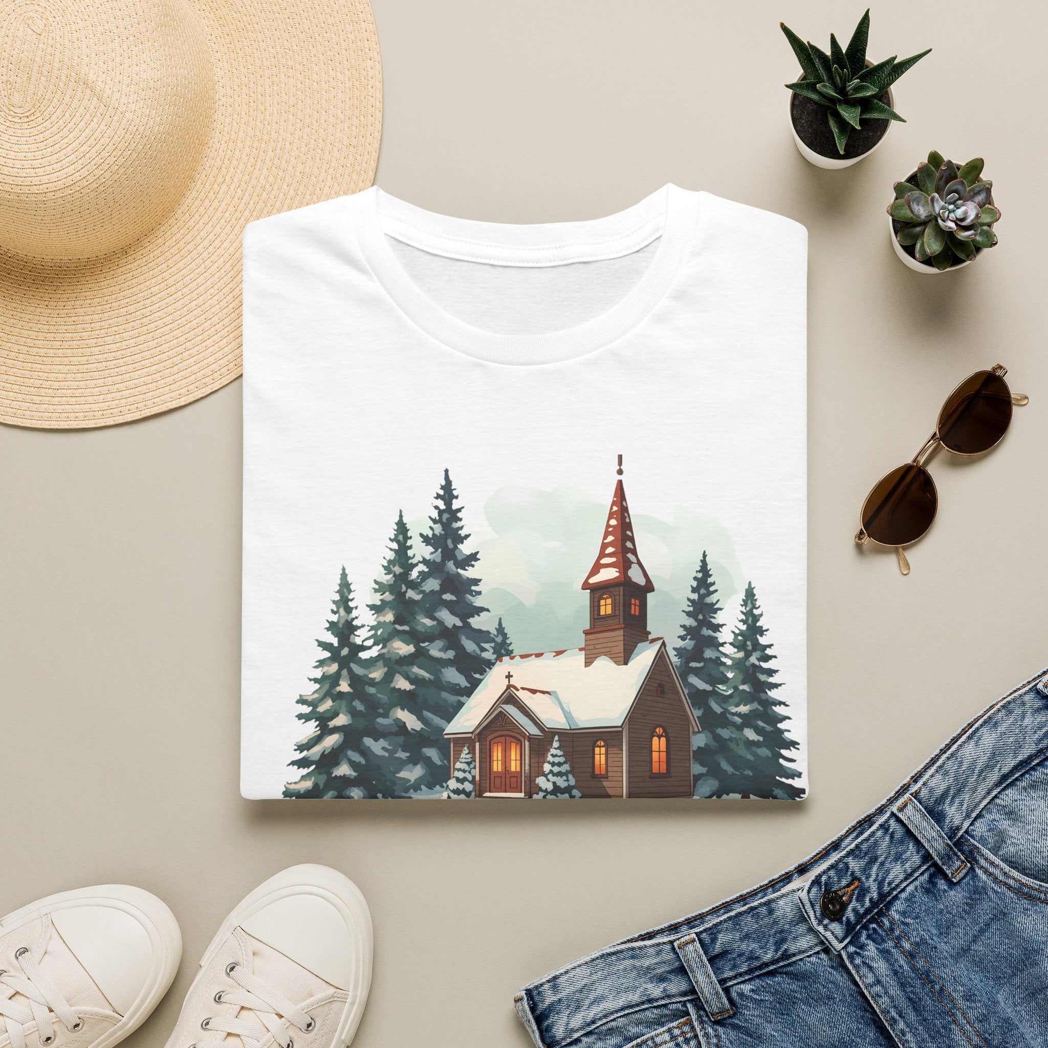 T-Shirt — Cozy Winter Chapel Graphic Tee (Snowy Pine Church)
