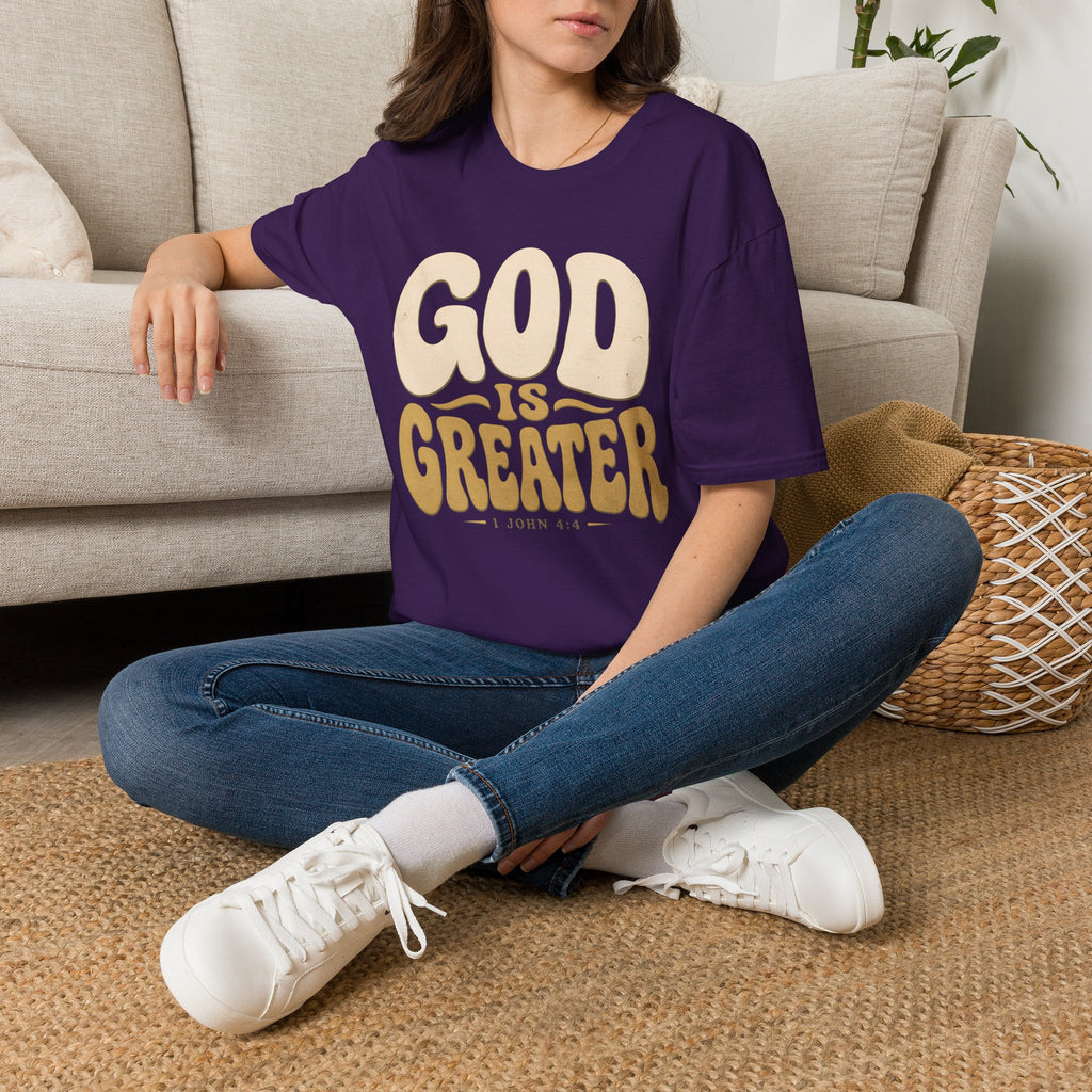 God Is Greater T-Shirt — Retro Faith Graphic Tee (1 John 4:4)