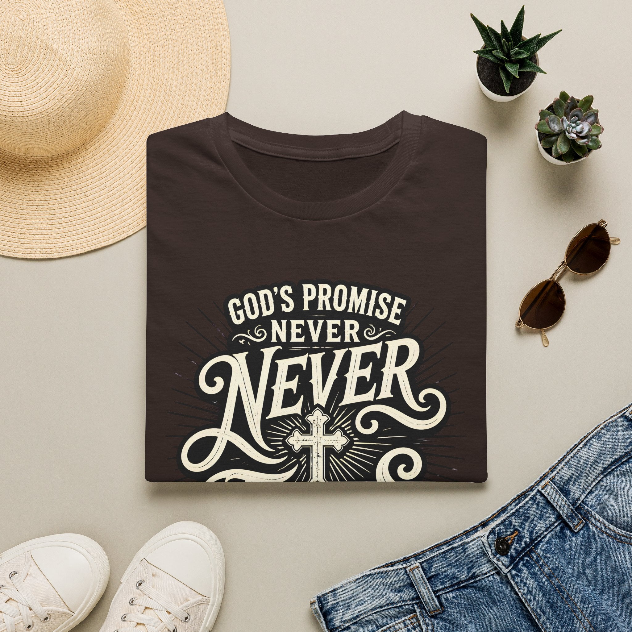 T-Shirt — “God’s Promise Never Never” Christian Faith Graphic