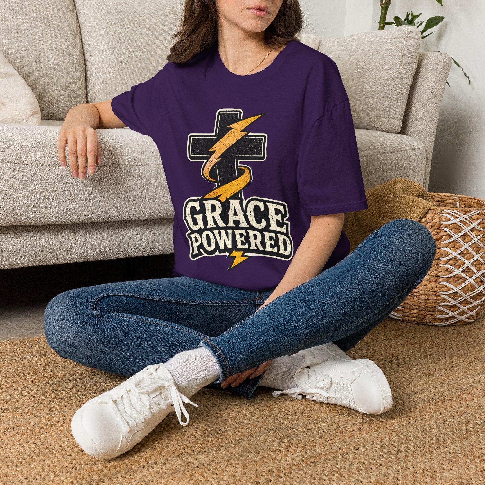 Grace Powered T-Shirt — Faith Cross with Lightning Christian Tee
