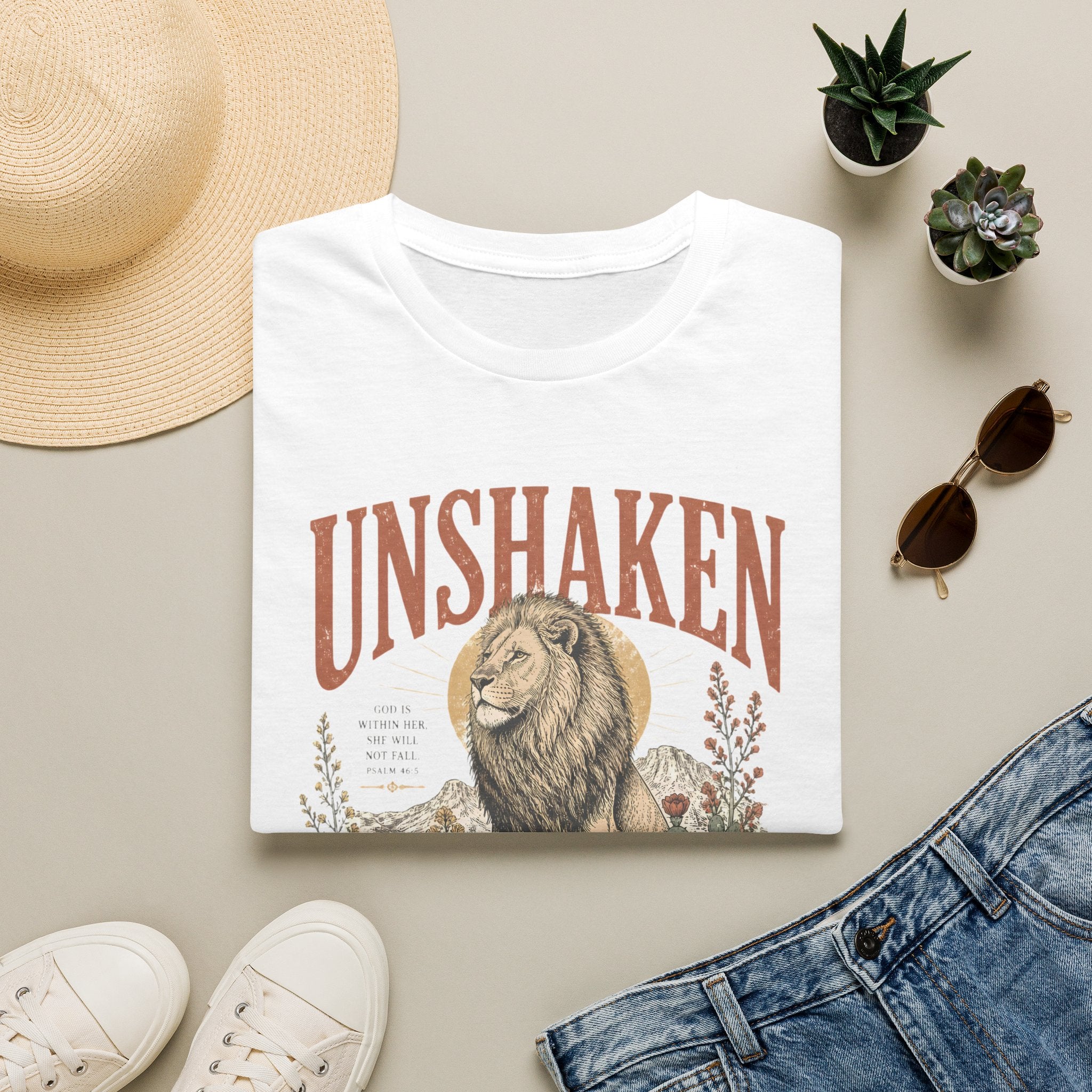 Unshaken Lion T‑Shirt — Vintage Floral Courage Tee