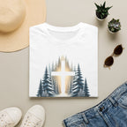 Christian T-Shirt — Cross in Pine Forest with "Amazing Grace" (Faith Tee)