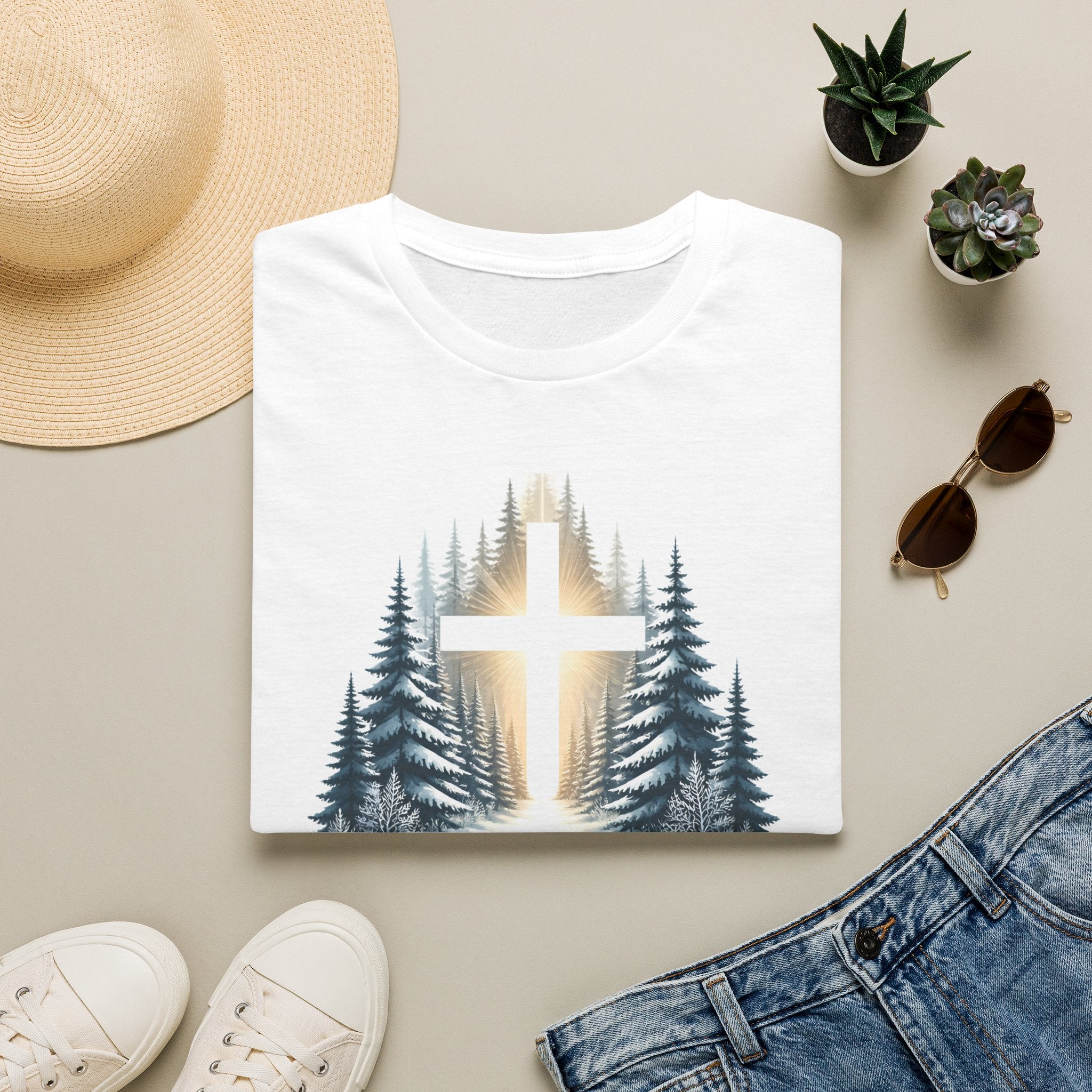 Christian T-Shirt — Cross in Pine Forest with "Amazing Grace" (Faith Tee)