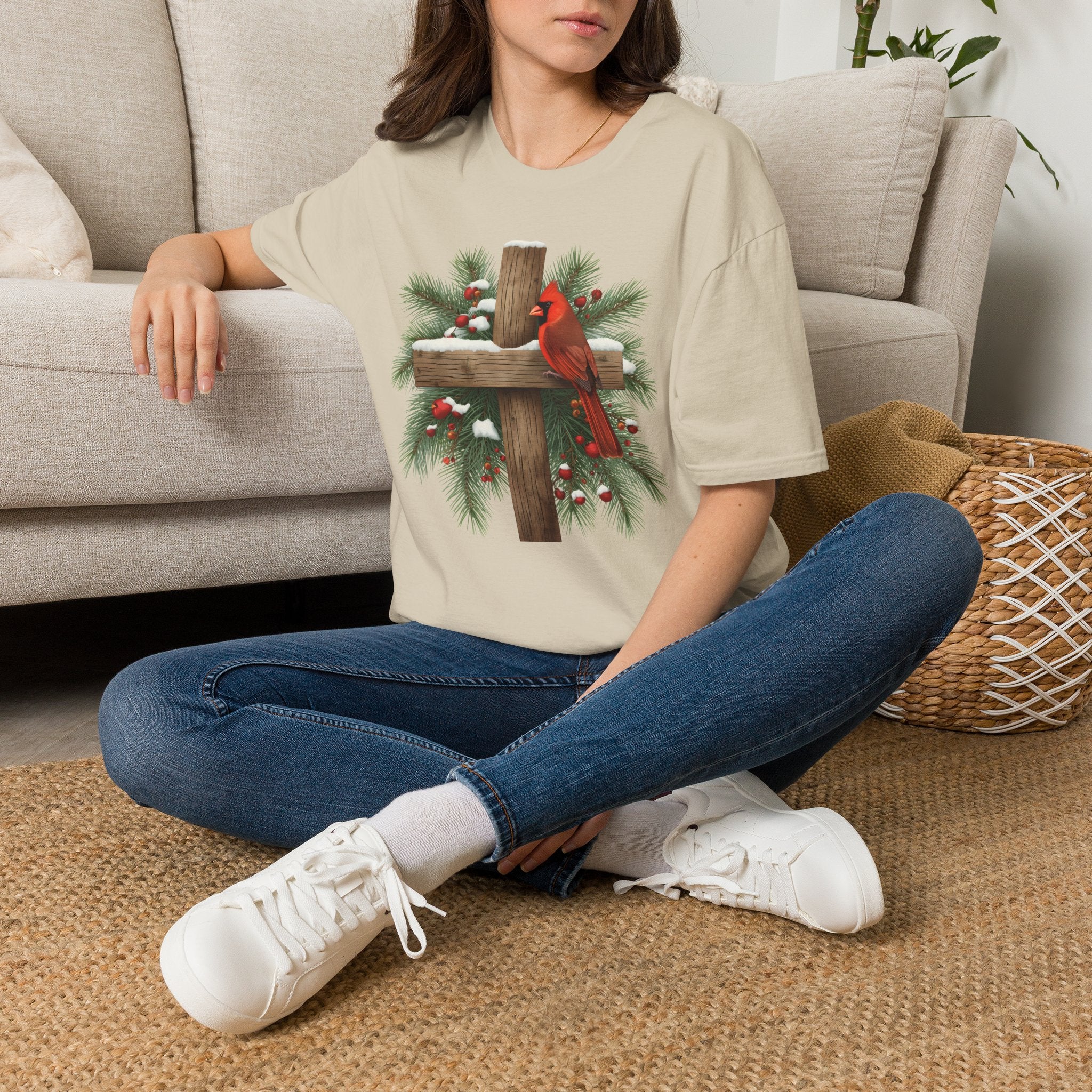Cardinal on Cross Christmas T-Shirt — Winter Nativity Holiday Tee