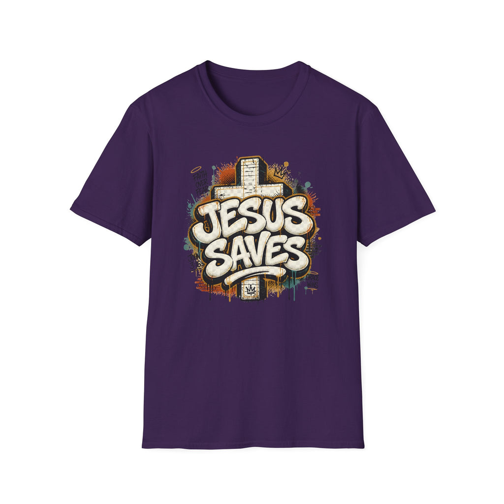 Jesus Saves T‑Shirt — Faith Graffiti Cross Christian Tee
