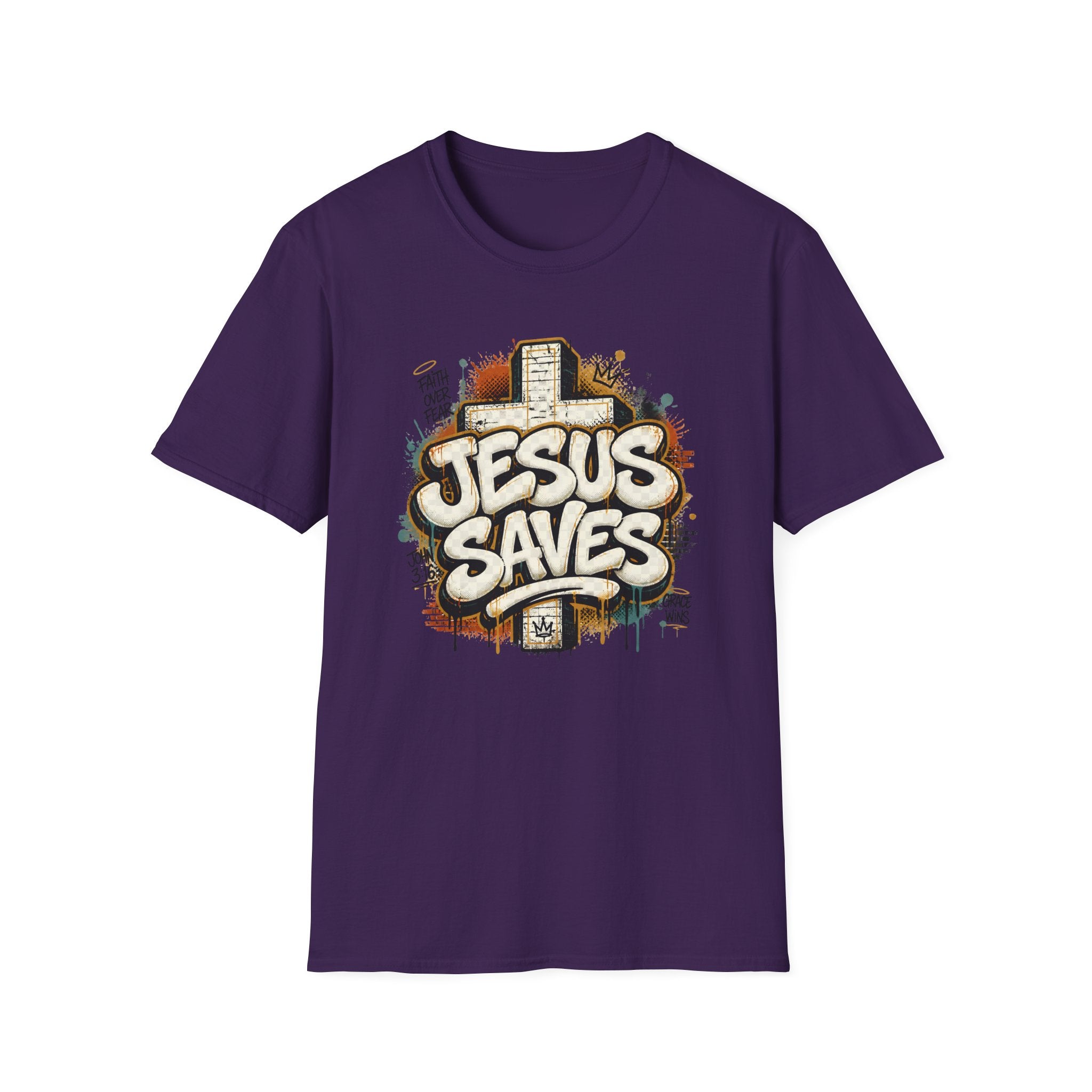 Jesus Saves T‑Shirt — Faith Graffiti Cross Christian Tee