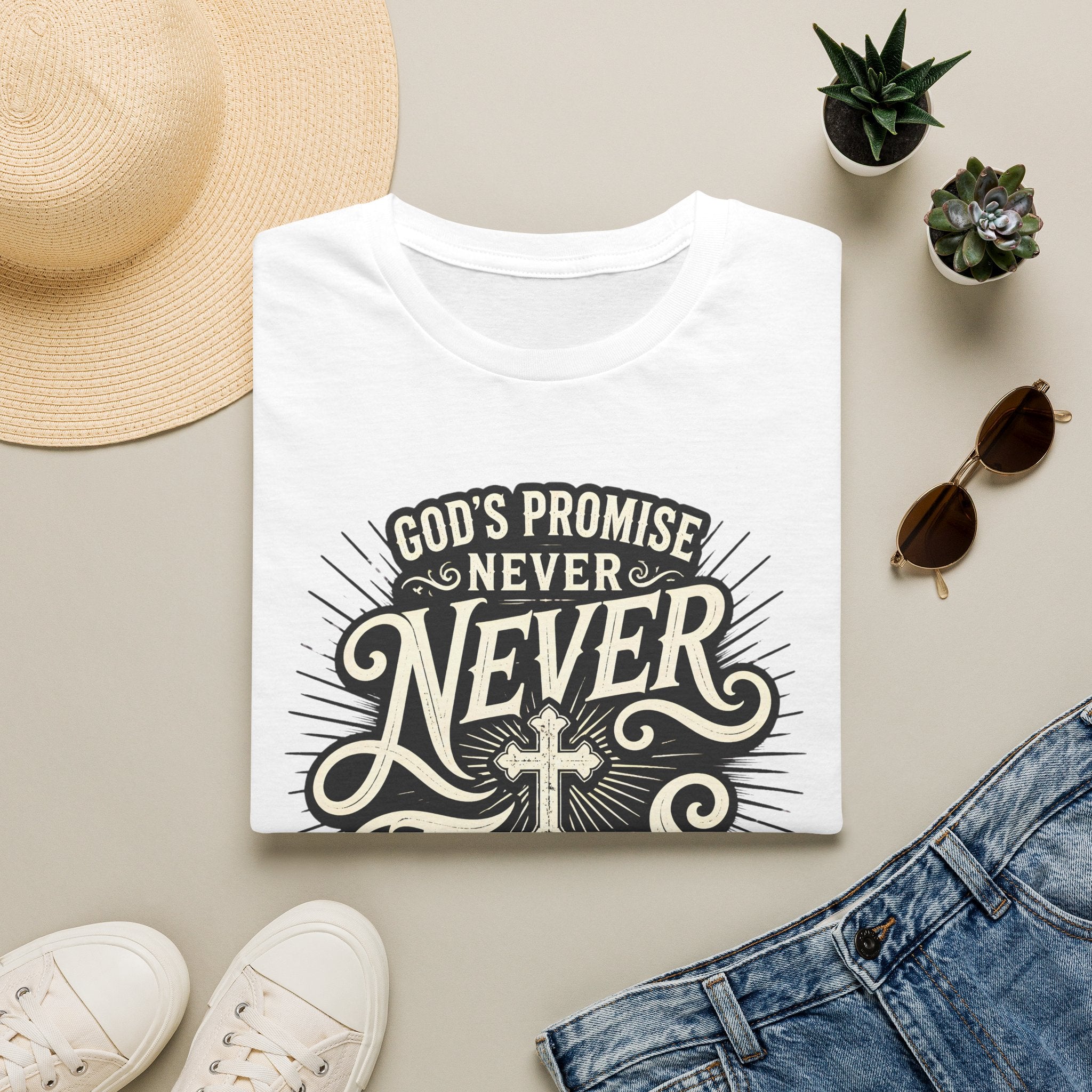 T-Shirt — “God’s Promise Never Never” Christian Faith Graphic