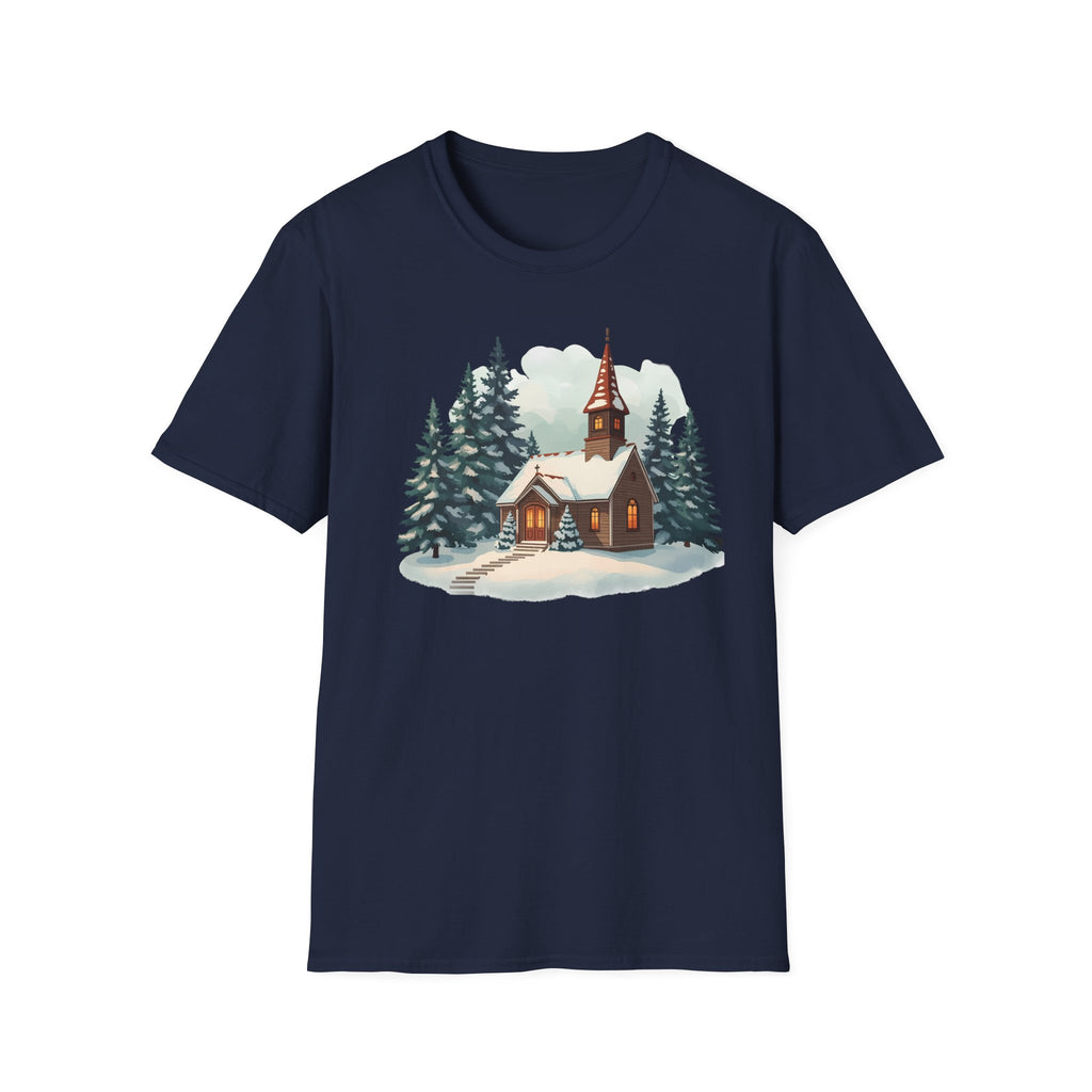 T-Shirt — Cozy Winter Chapel Graphic Tee (Snowy Pine Church)