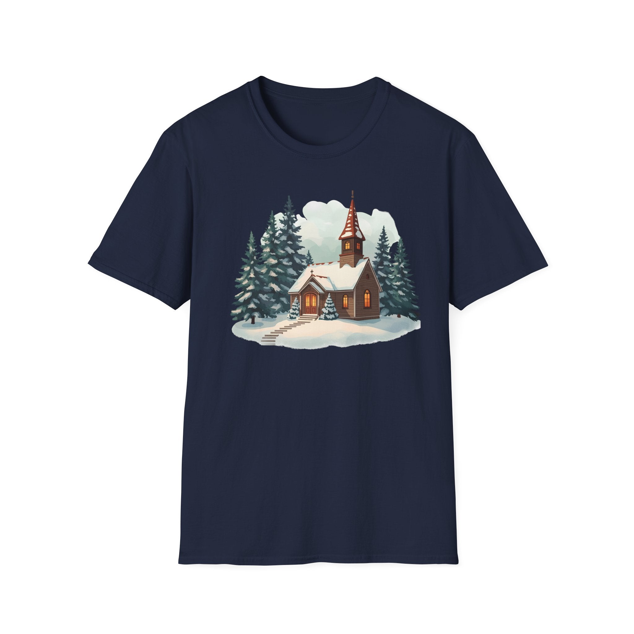 T-Shirt — Cozy Winter Chapel Graphic Tee (Snowy Pine Church)