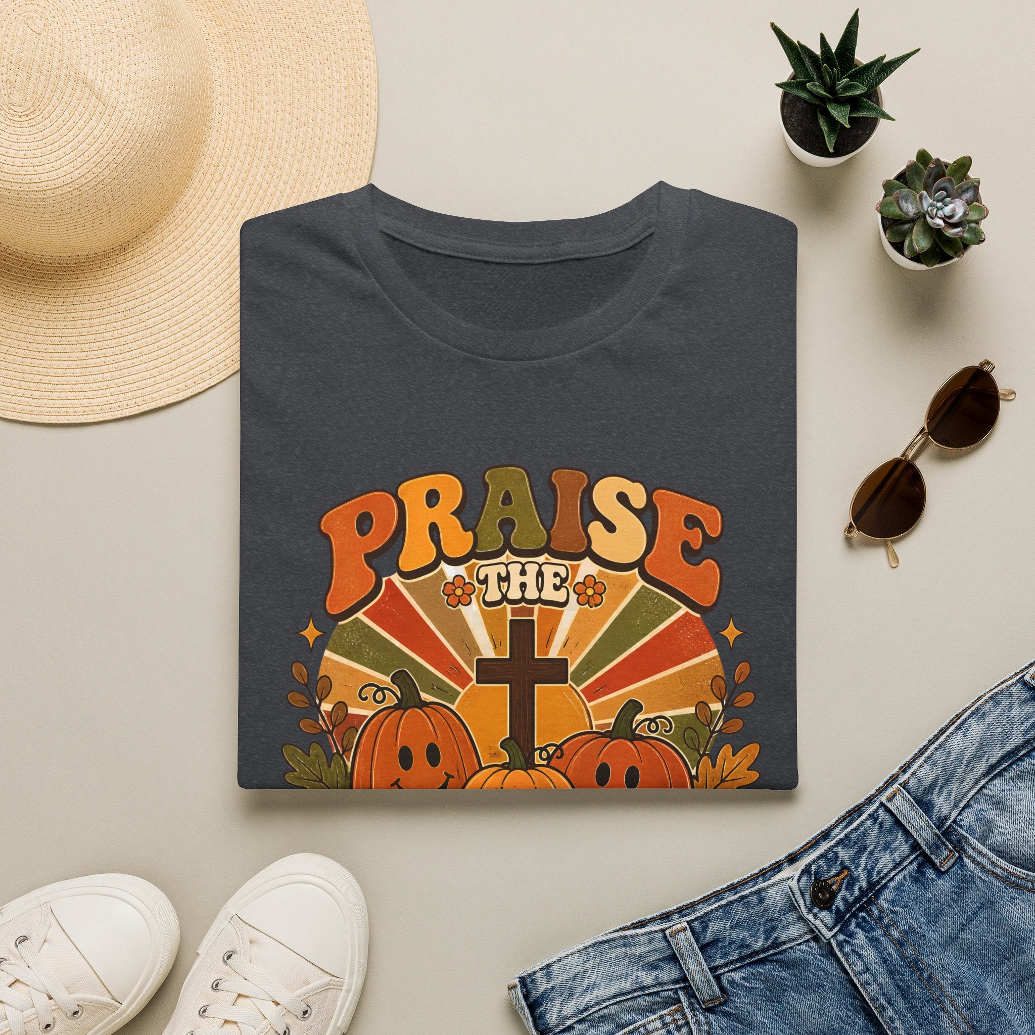 Praise the Lord Fall T-Shirt — Retro Pumpkin & Cross Christian Tee