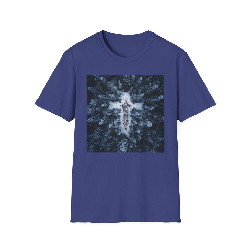 Cross in Snow Aerial Print T-Shirt — Minimalist Winter Graphic Tee