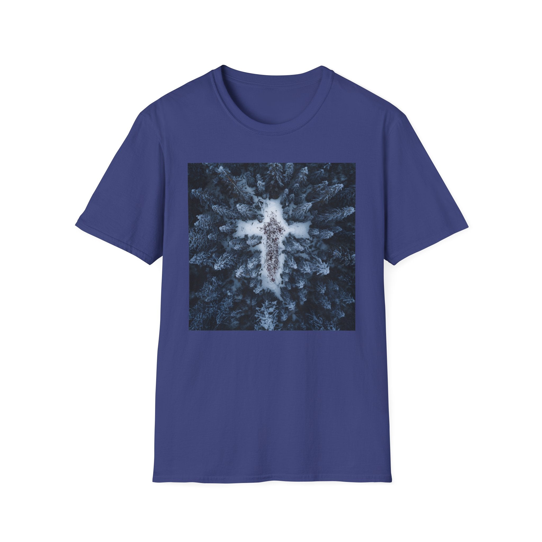 Cross in Snow Aerial Print T-Shirt — Minimalist Winter Graphic Tee